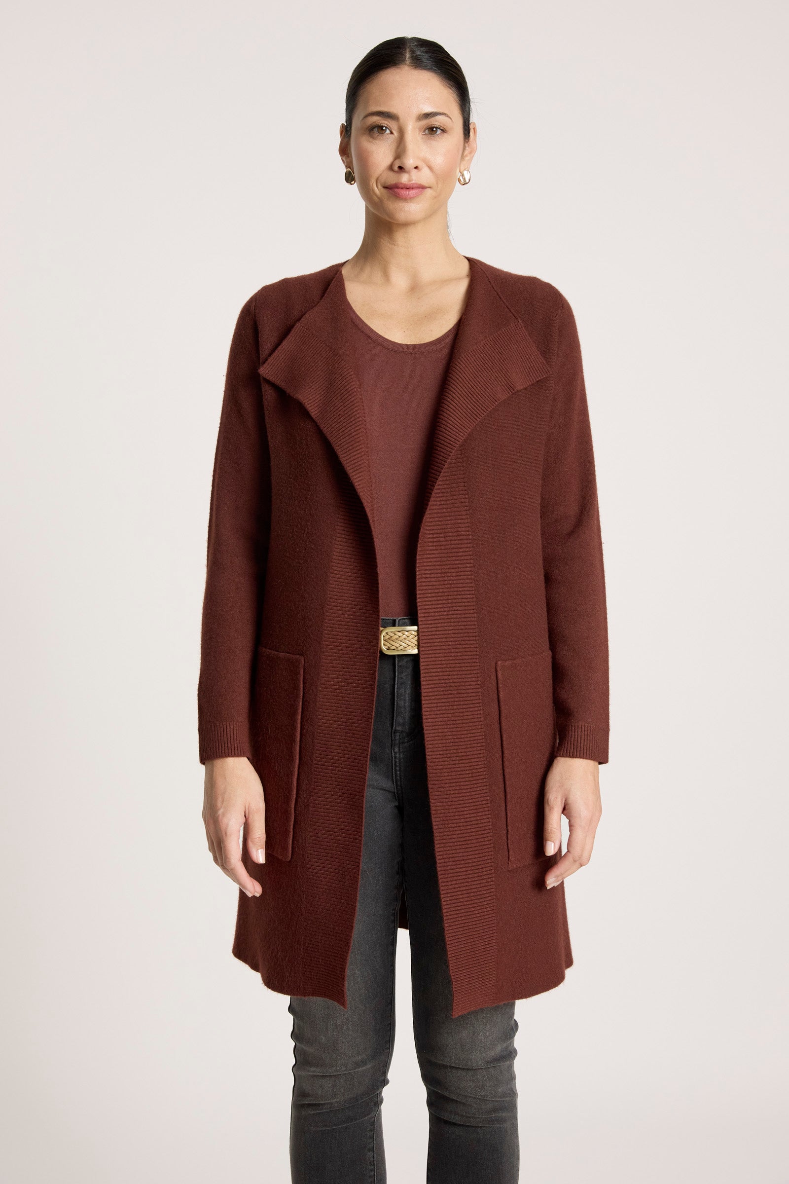 Eb&Ive Samira Cardigan Coatigan  Burgundy mahogany plum midi length knit Autumn Winter knitwear Travel workwear coat