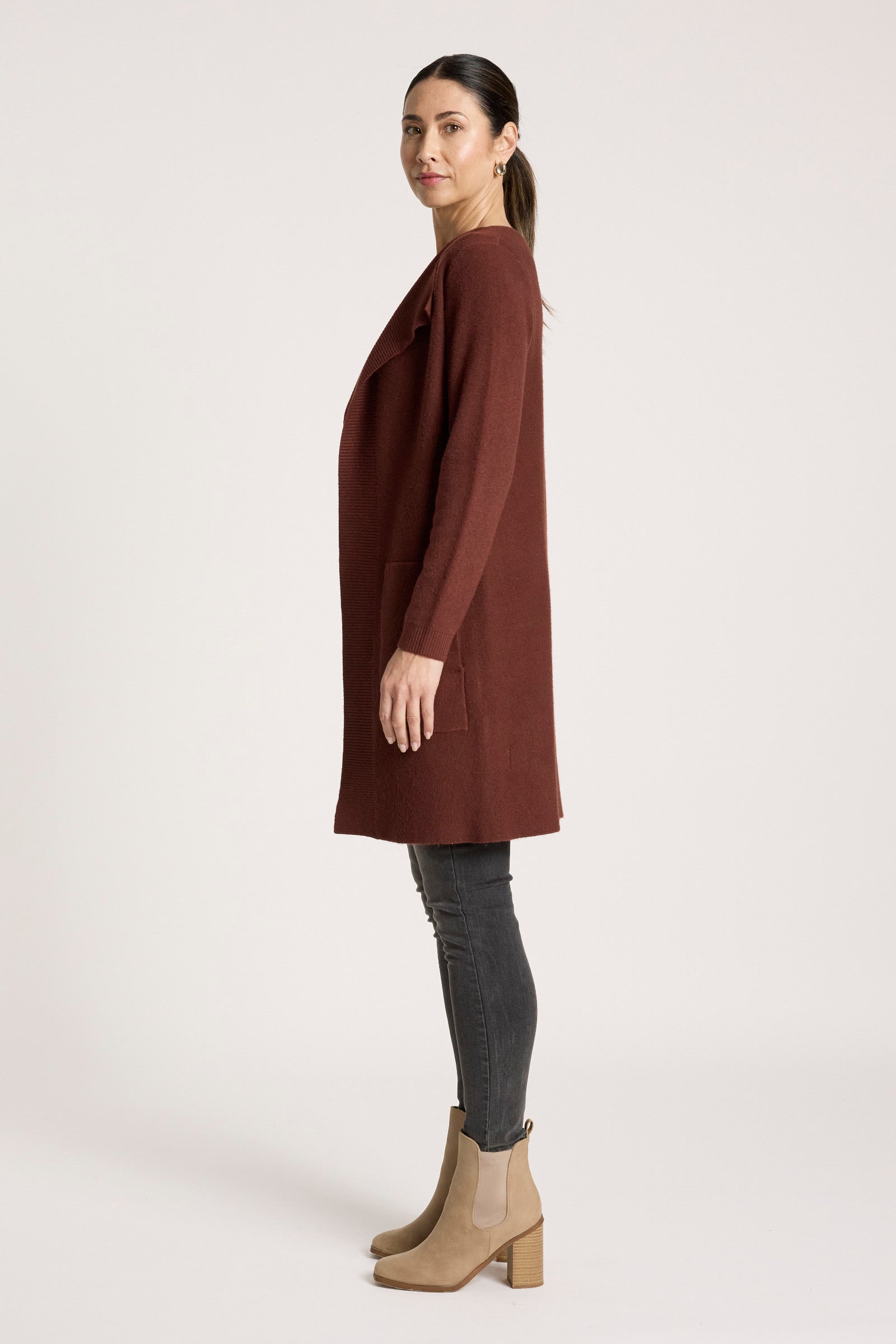 Eb&Ive Samira Cardigan Coatigan  Burgundy mahogany plum midi length knit Autumn Winter knitwear Travel workwear coat