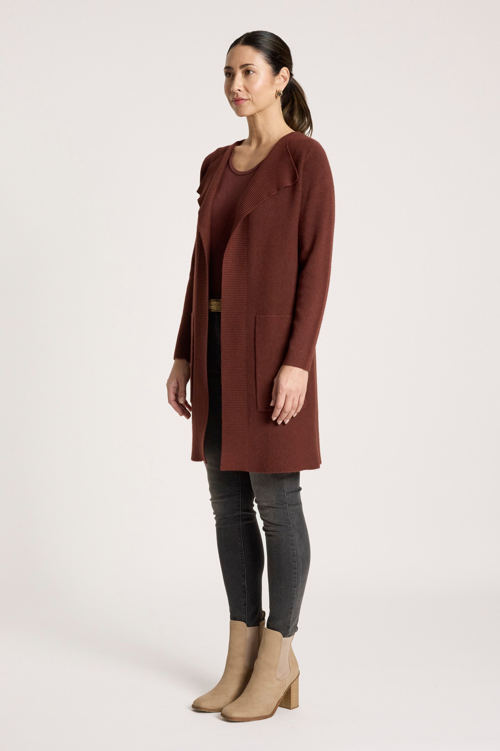 Eb&Ive Samira Cardigan Coatigan  Burgundy mahogany plum midi length knit Autumn Winter knitwear Travel workwear coat