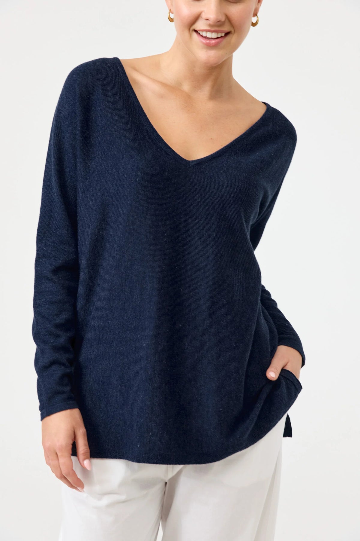 Eb&amp;Ive Studio Cotton V-neck Knit Jumper Navy Blue Light weight Autumn Spring Knit