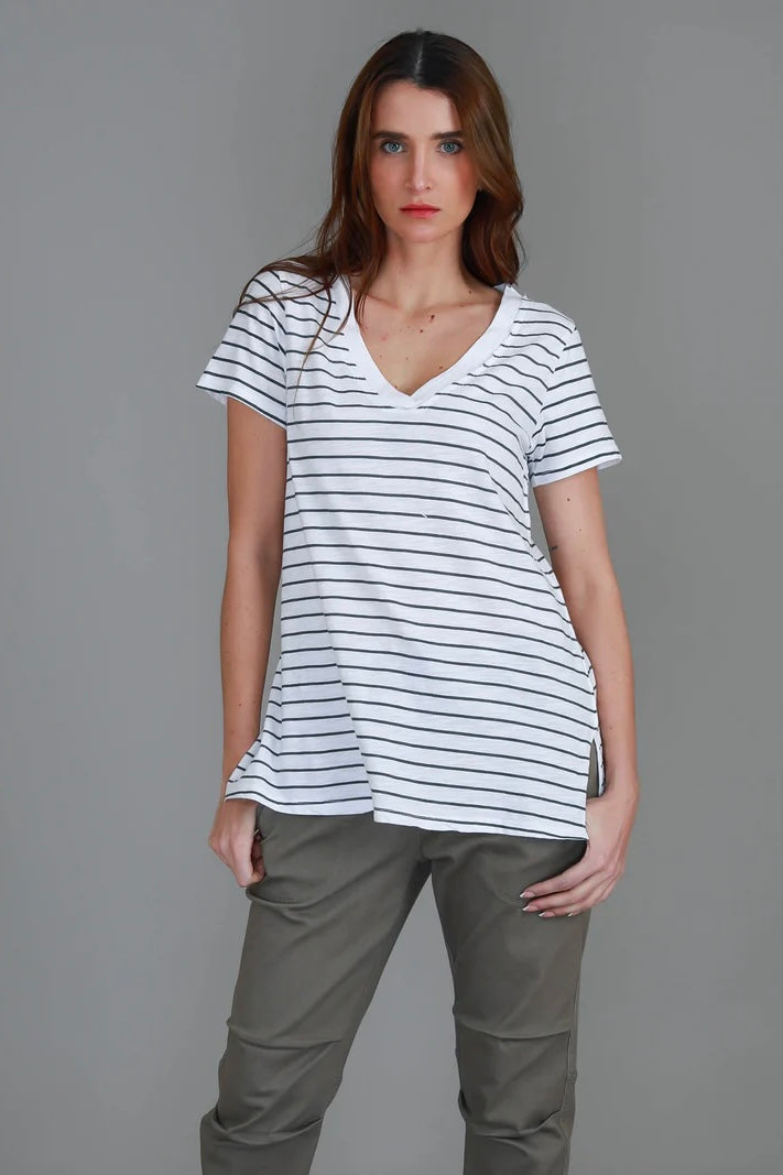 Frankie V Neck Tee - Stripe Navy White