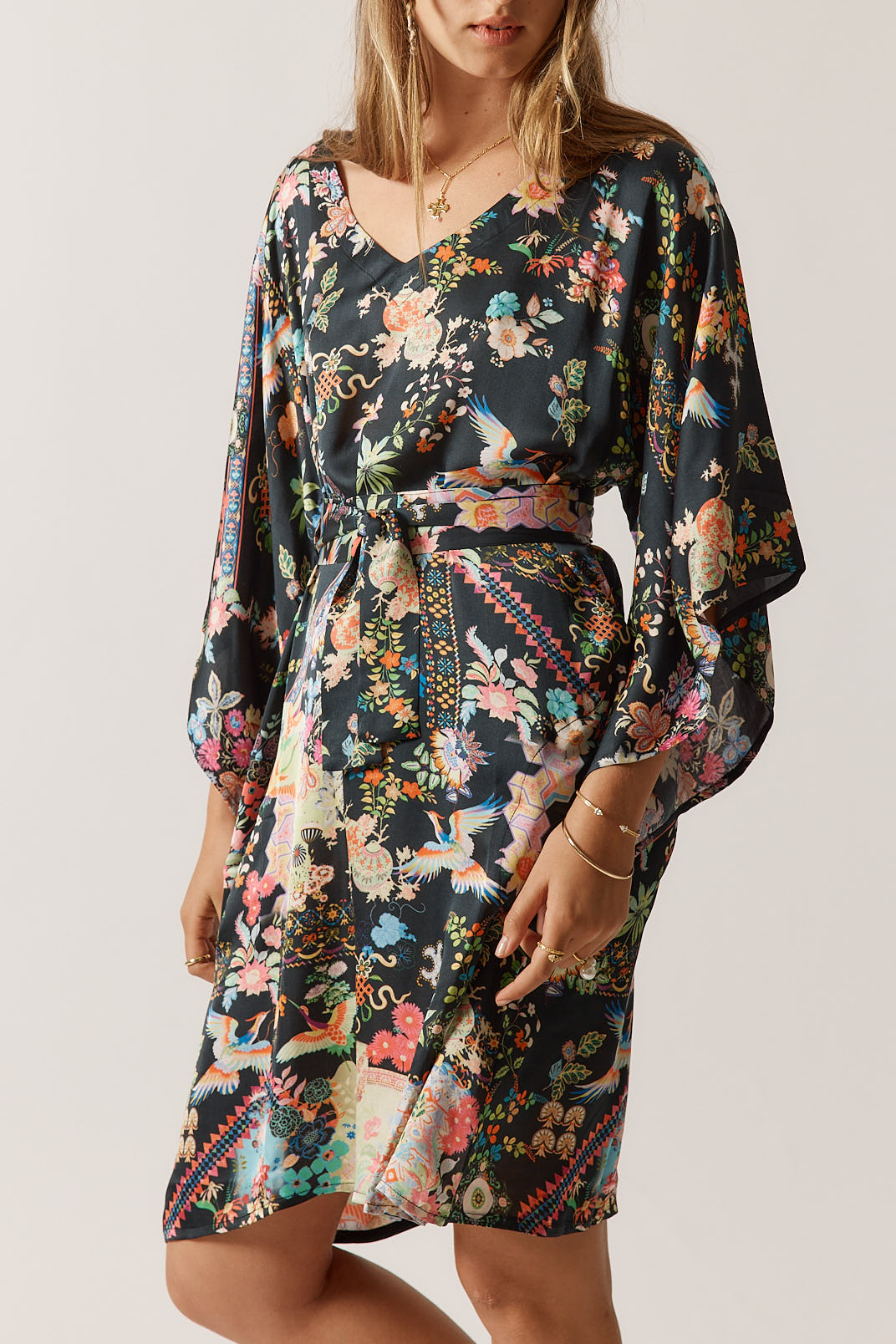 RubyYaya Lala kaftan Vintage & retro all over bird print statement bold Animal print with exclusive soft satin mini dress fashion kimono sleeve evening event dress 