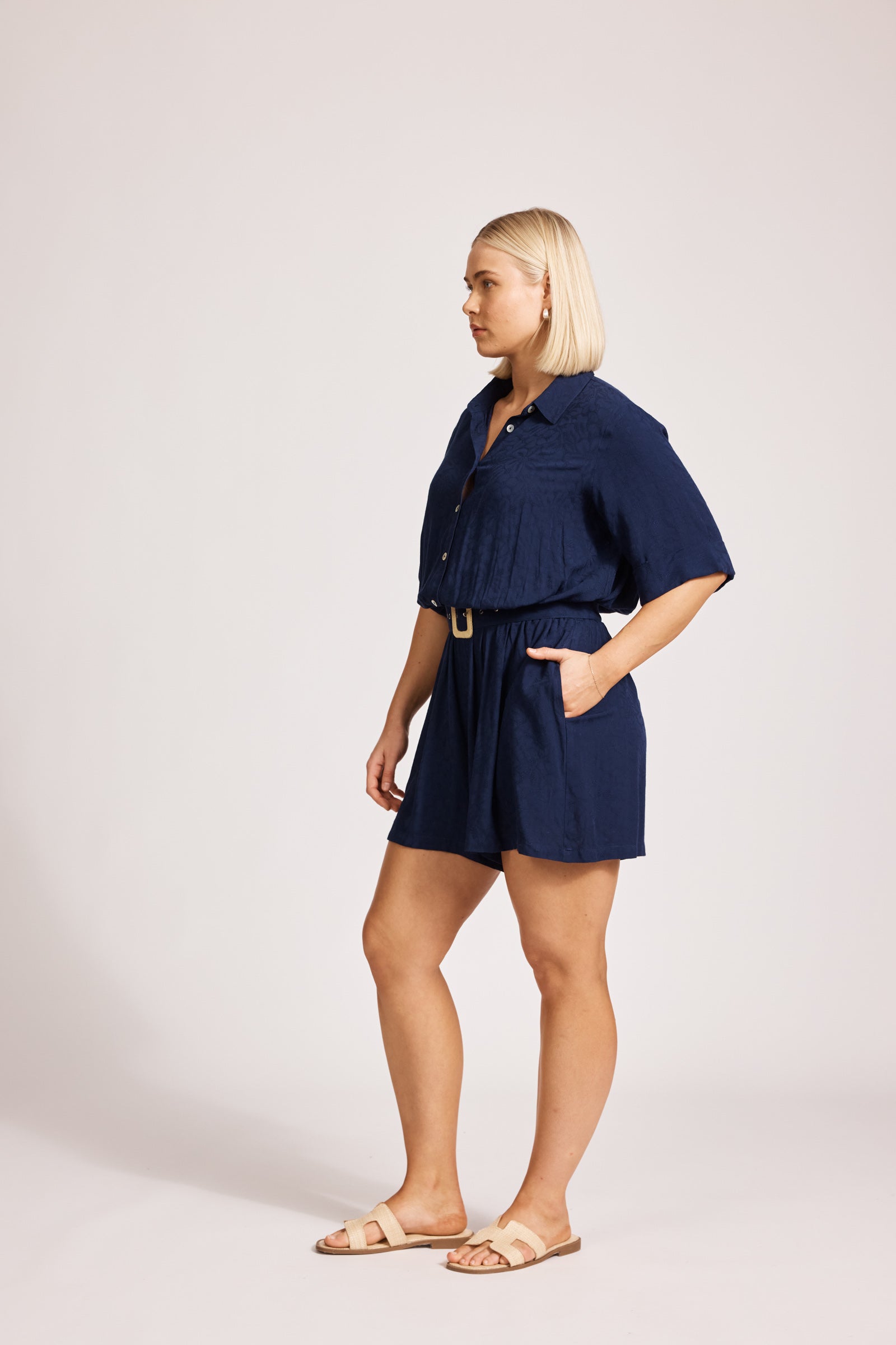 Eb&Ive Parisio Belt Shirt jumpsuit Short 3/4 sleeve with collar and button front elastic and Belt waist summer work romper swim cover navy floral playsuit 