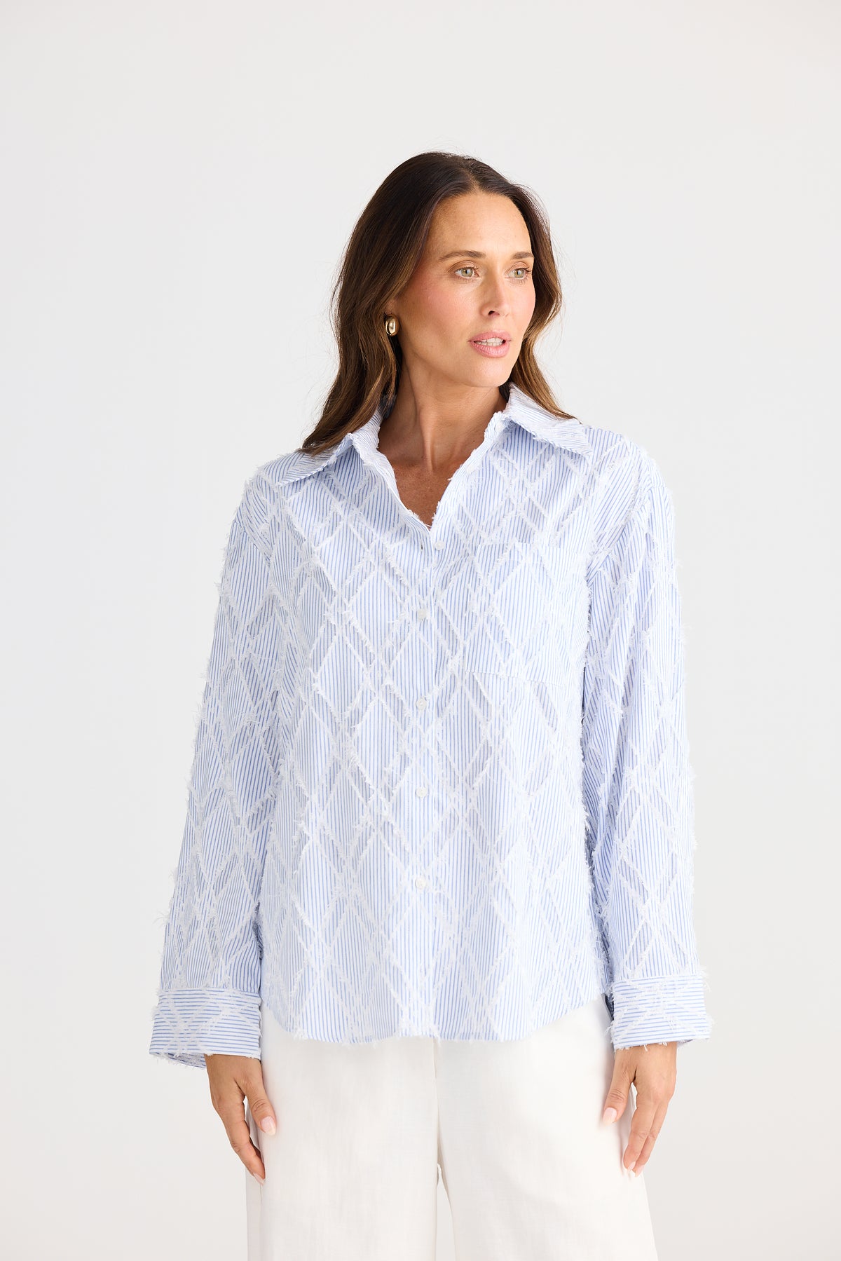 Brave + True Stripe Shirt Button Front Collar Cotton Chevron Light Blue 