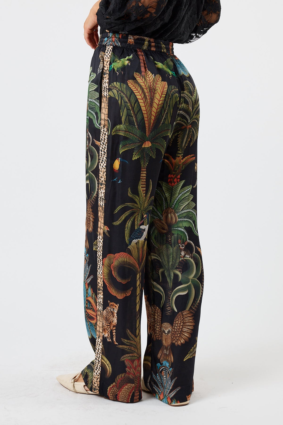 LulaSoul cheetah Vintage & retro all over jungle print statement bold Animal print with palms soft satin straight leg pant  Side stripe  women’s fashion matching set coordinates two piece black