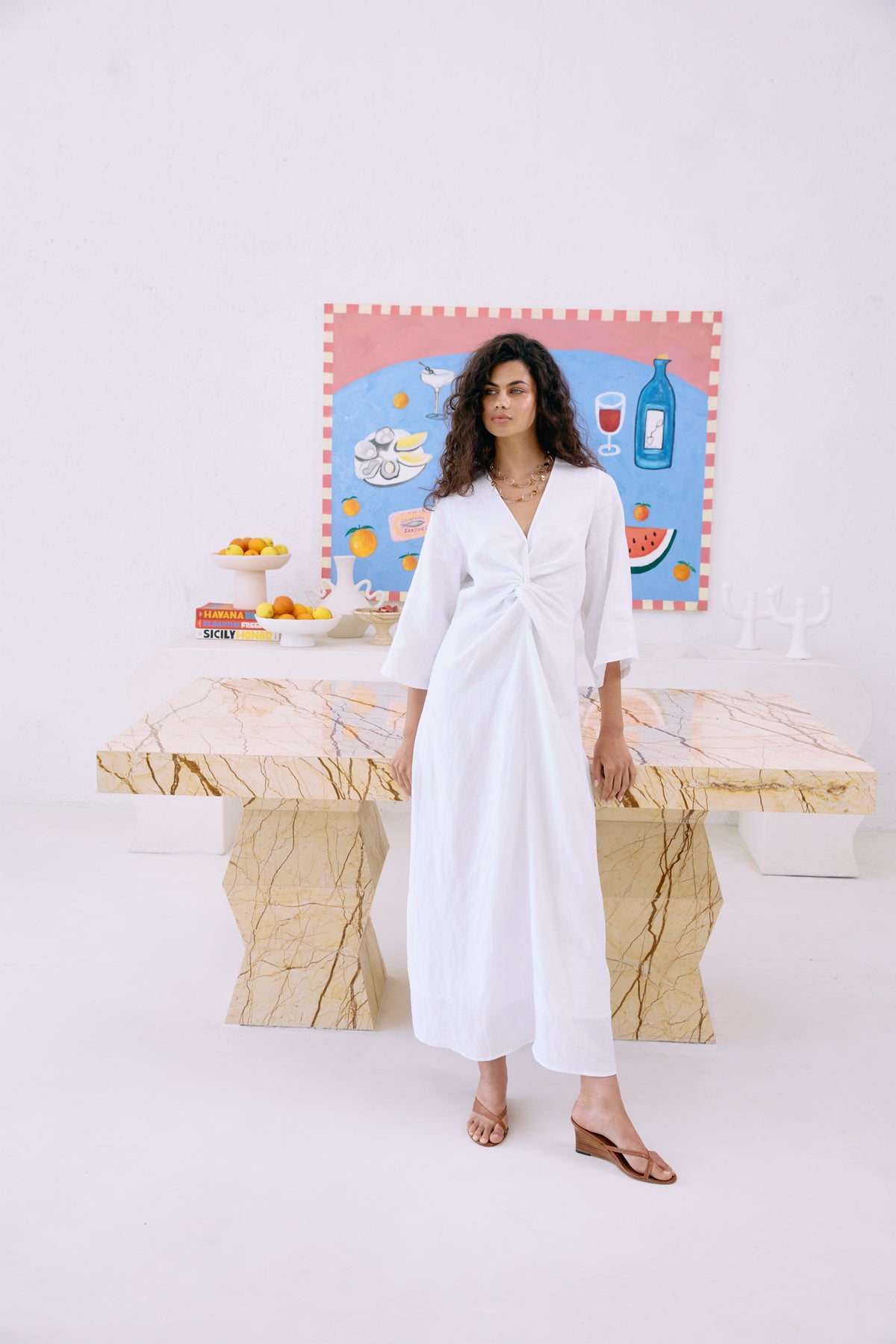 Eb&amp;Ive Miramar twist dress long sleeve kimono kaftan sleeve fit and flare v-neck event holiday resort dress summer Linen maxi white 