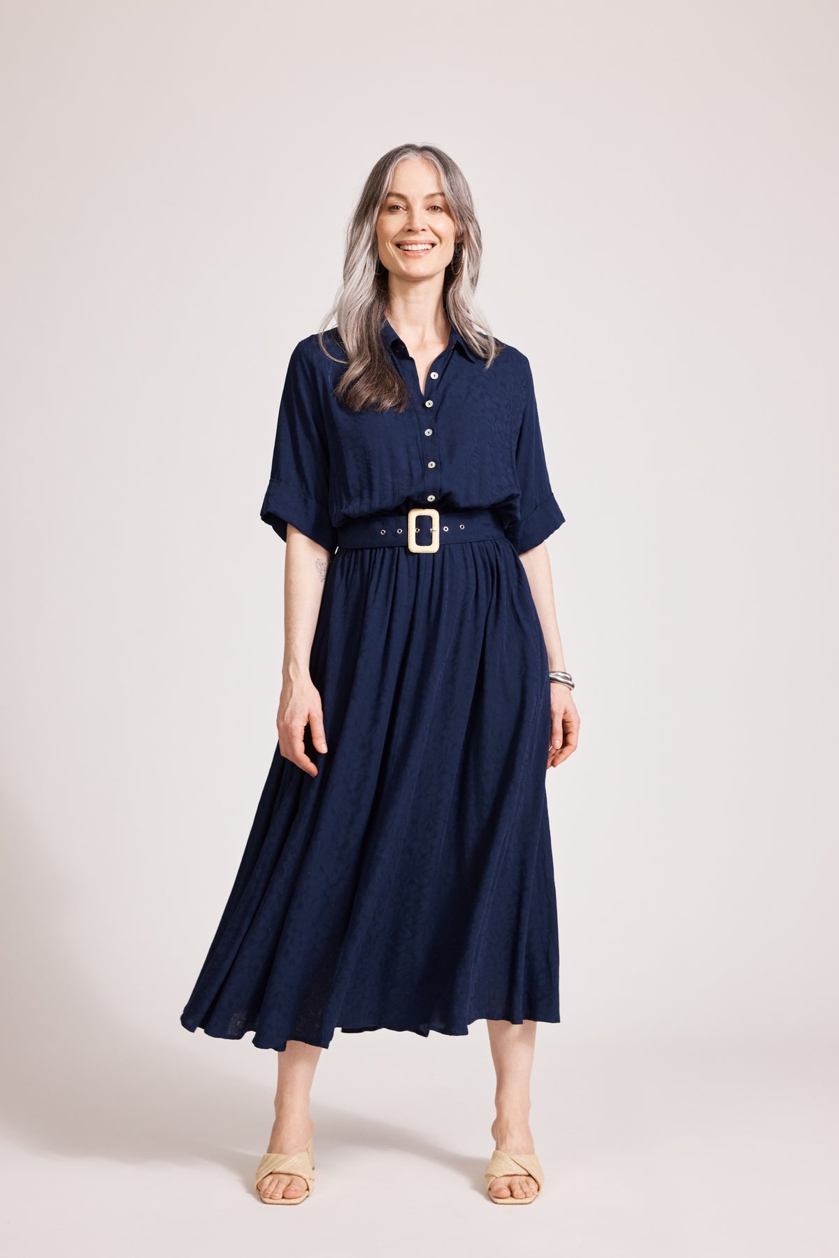 Eb&amp;Ive Parisio Belt Shirt Dress  Short 3/4 sleeve maxi with collar and button front elastic and Belt waist summer work dress swim cover navy jacquard 
