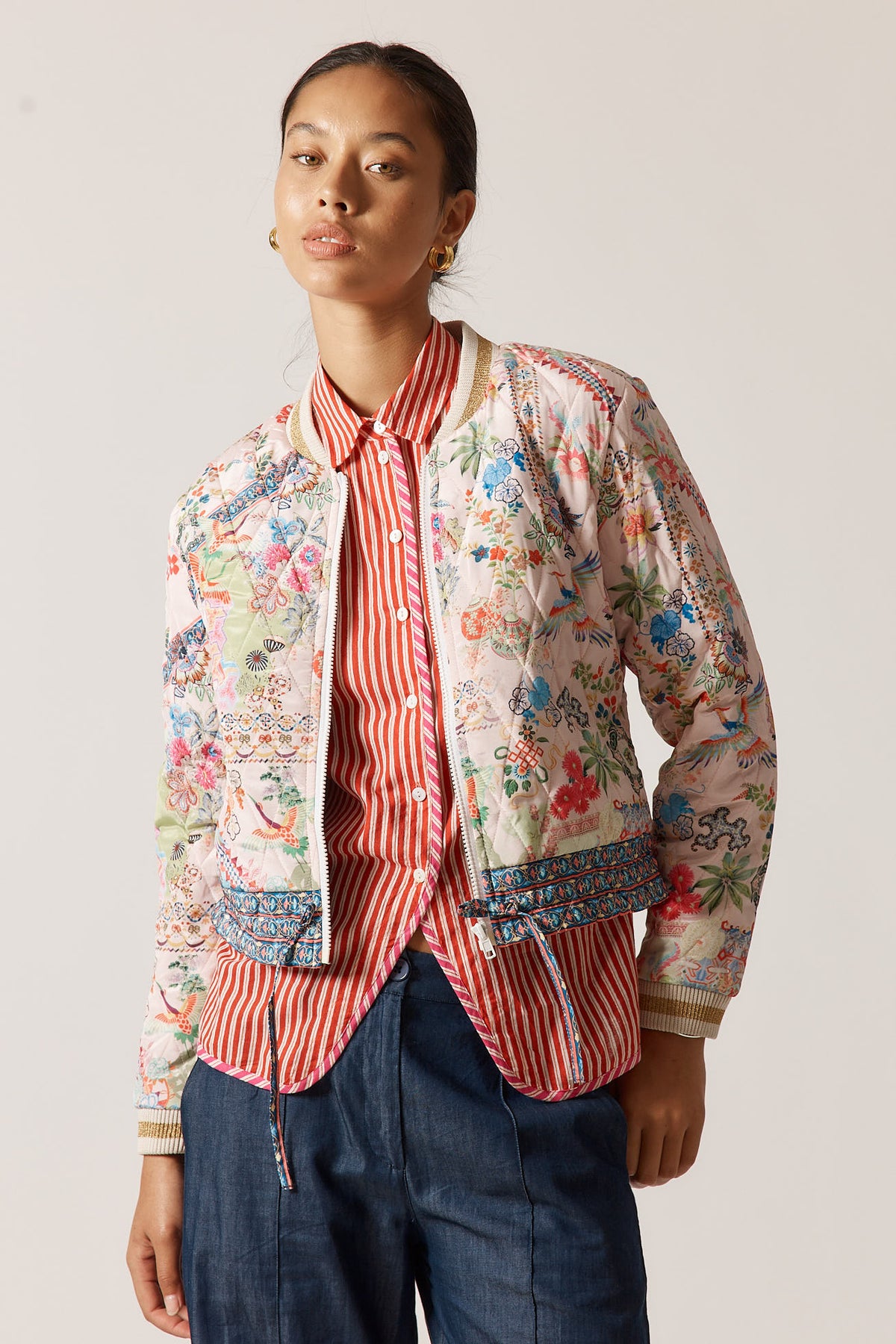 RubyYaya Lala Vintage & retro all over bird floral print statement  bold Asian print quilted bomber jacket women’s fashion white blush 