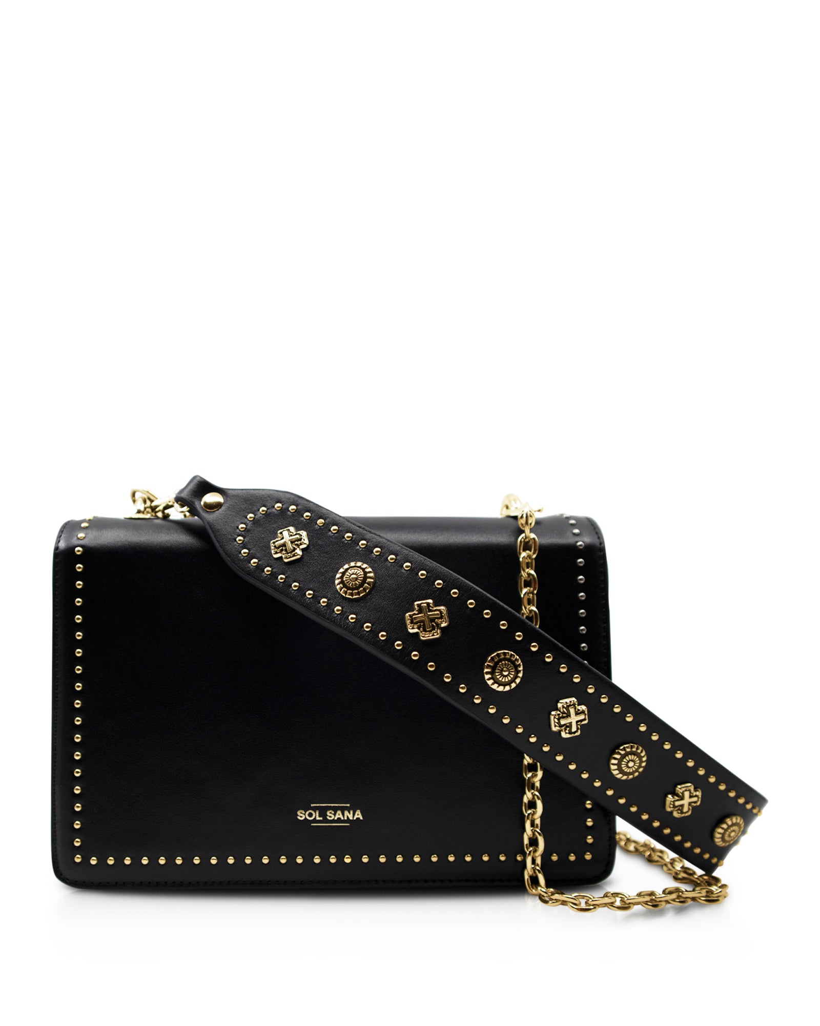 Leather Flap Bag Studded - Black / Gold