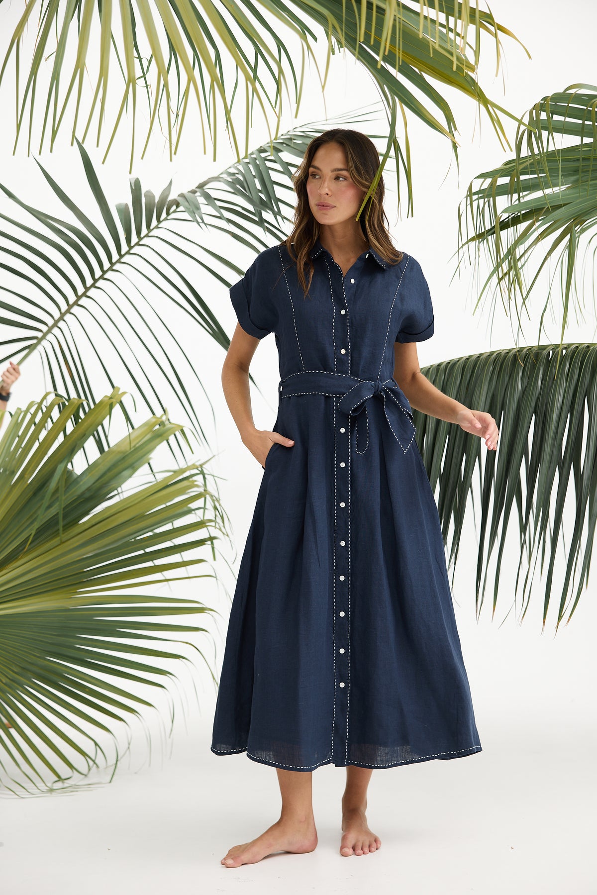 Cordella Dress Linen shirt dress fit and flare navy with white top stitch Holiday summer work dress 