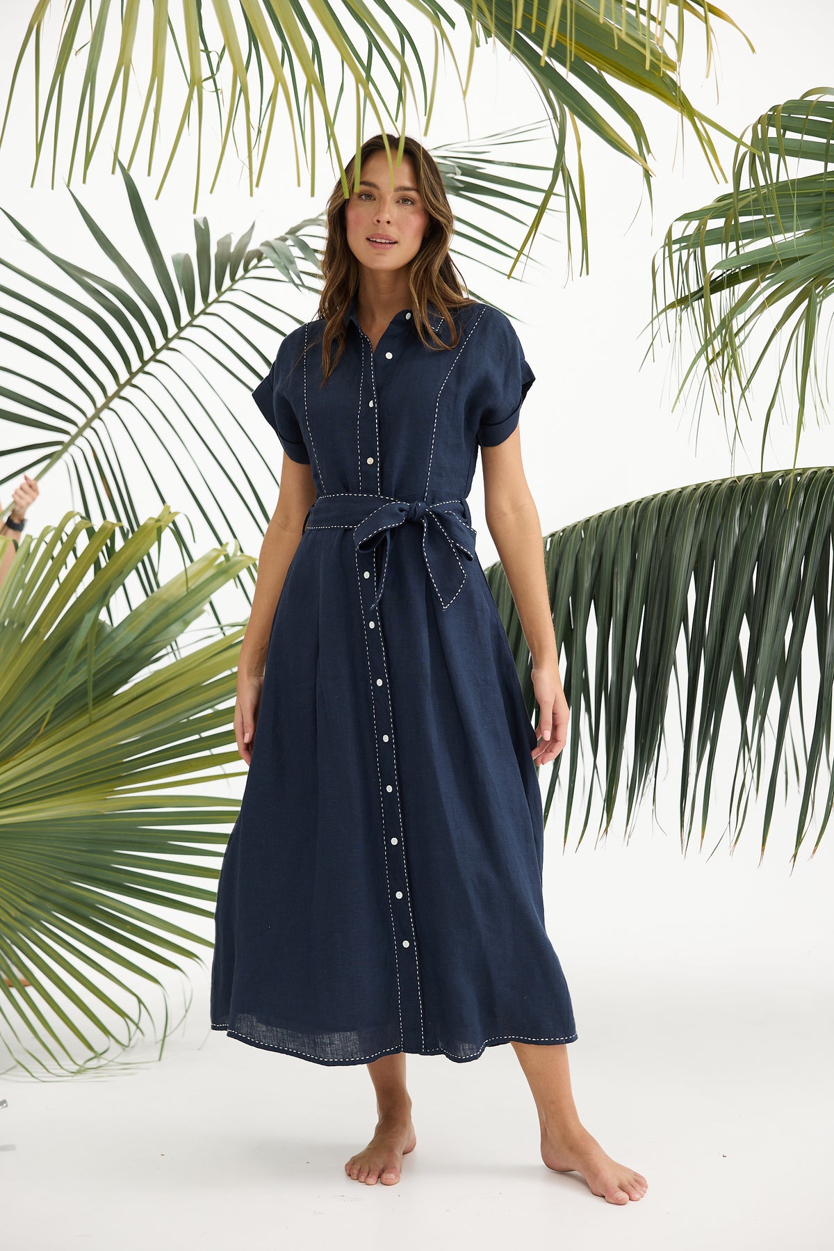 Cordella Dress Linen shirt dress fit and flare navy with white top stitch Holiday summer work dress 