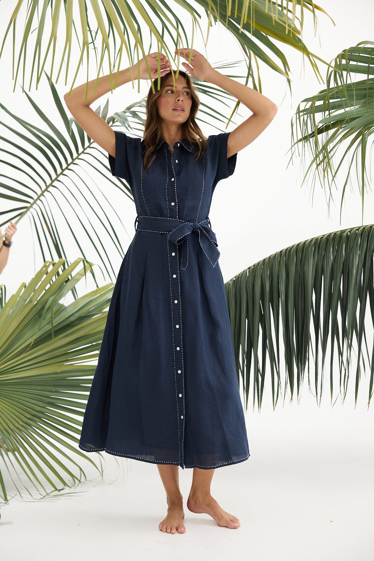 Cordella Dress Linen shirt dress fit and flare navy with white top stitch Holiday summer work dress 