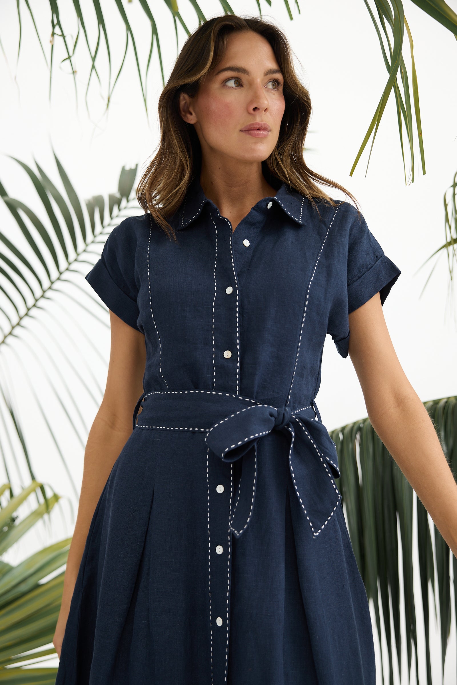 Cordella Dress Linen shirt dress fit and flare navy with white top stitch Holiday summer work dress 