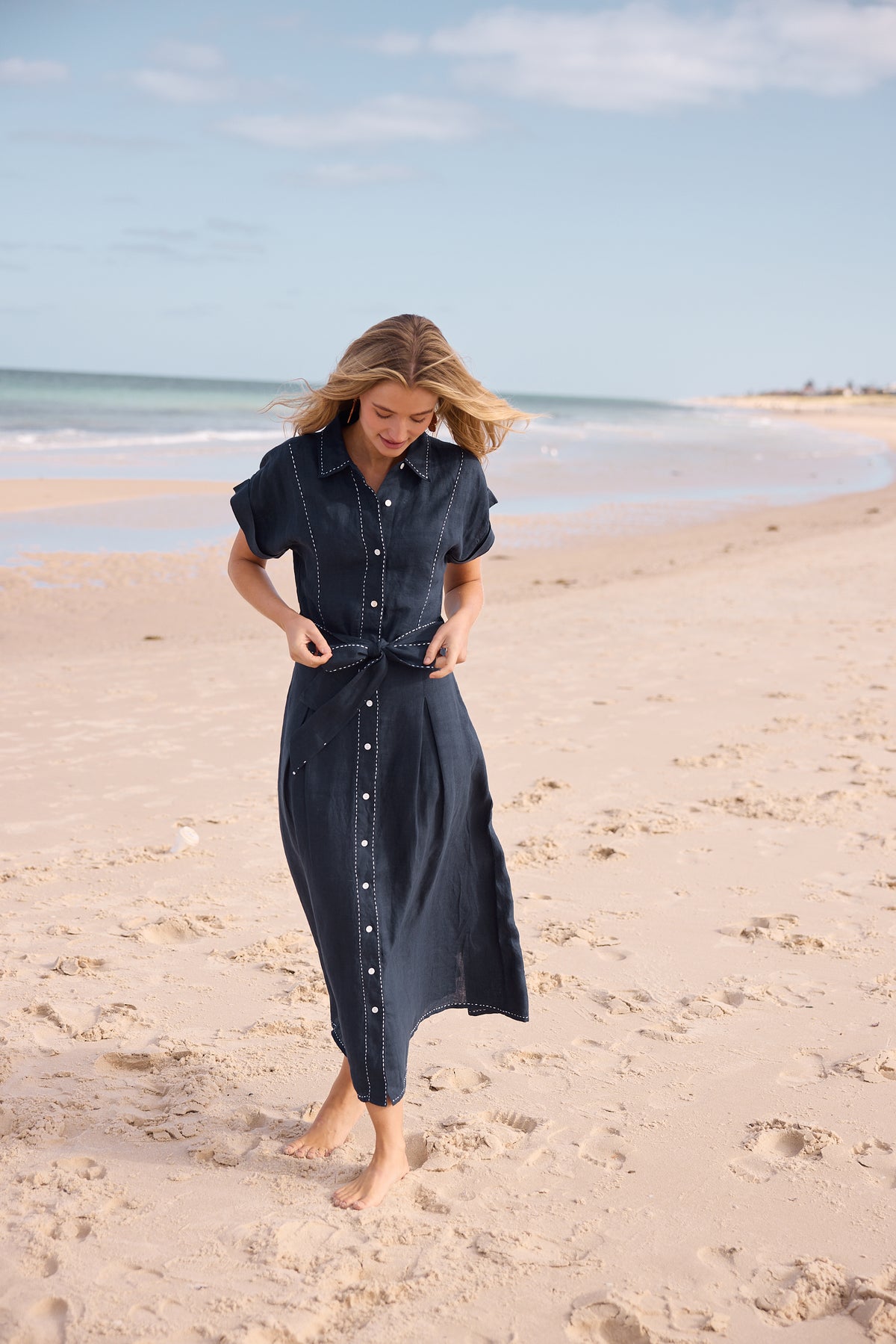 Cordella Dress Linen shirt dress fit and flare navy with white top stitch Holiday summer work dress 