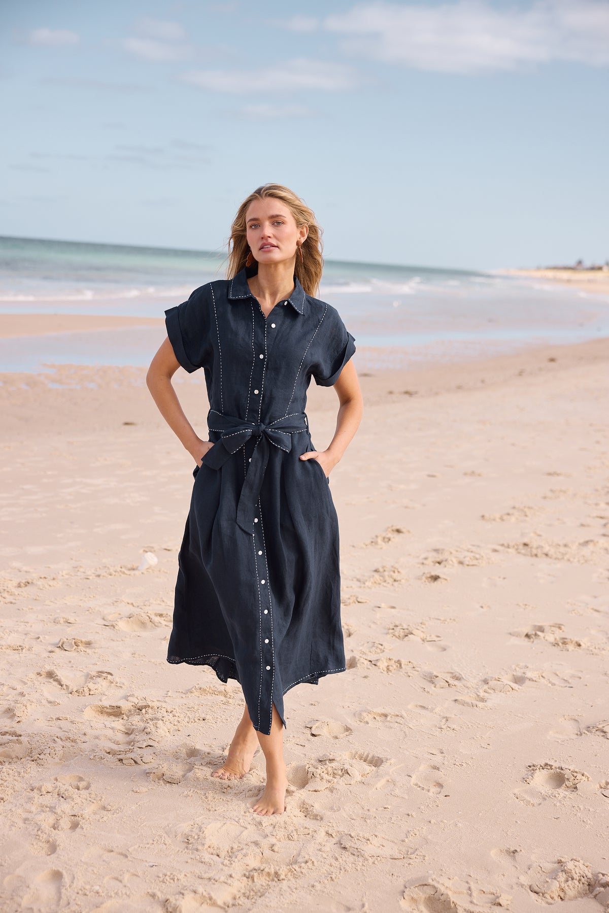Cordella Dress Linen shirt dress fit and flare navy with white top stitch Holiday summer work dress 