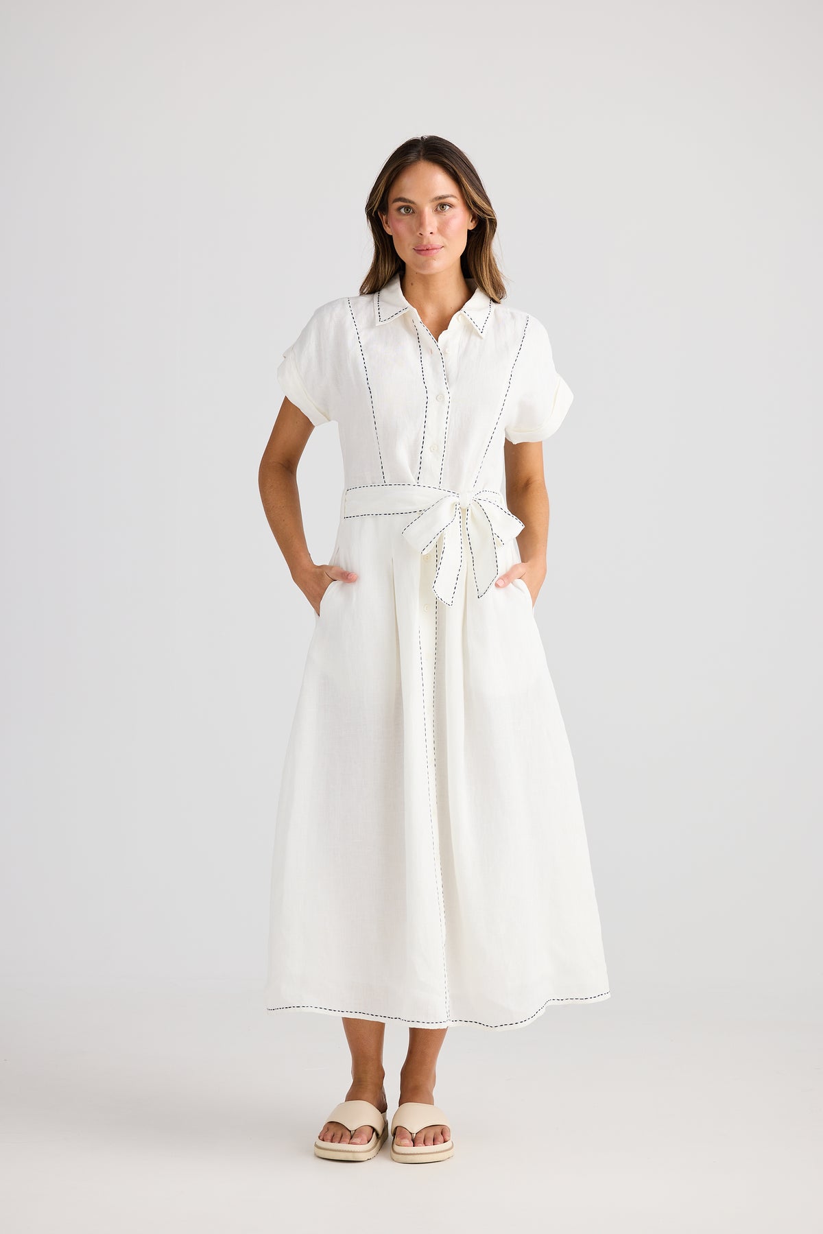 Cordella Dress Linen shirt dress fit and flare white with navy top stitch Holiday summer work dress maxi 