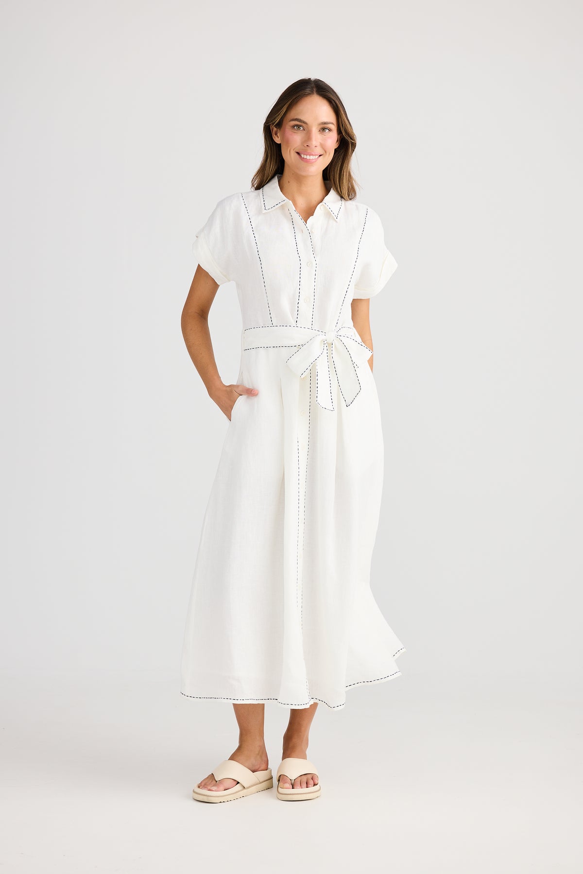 Cordella Dress Linen shirt dress fit and flare white with navy top stitch Holiday summer work dress 
