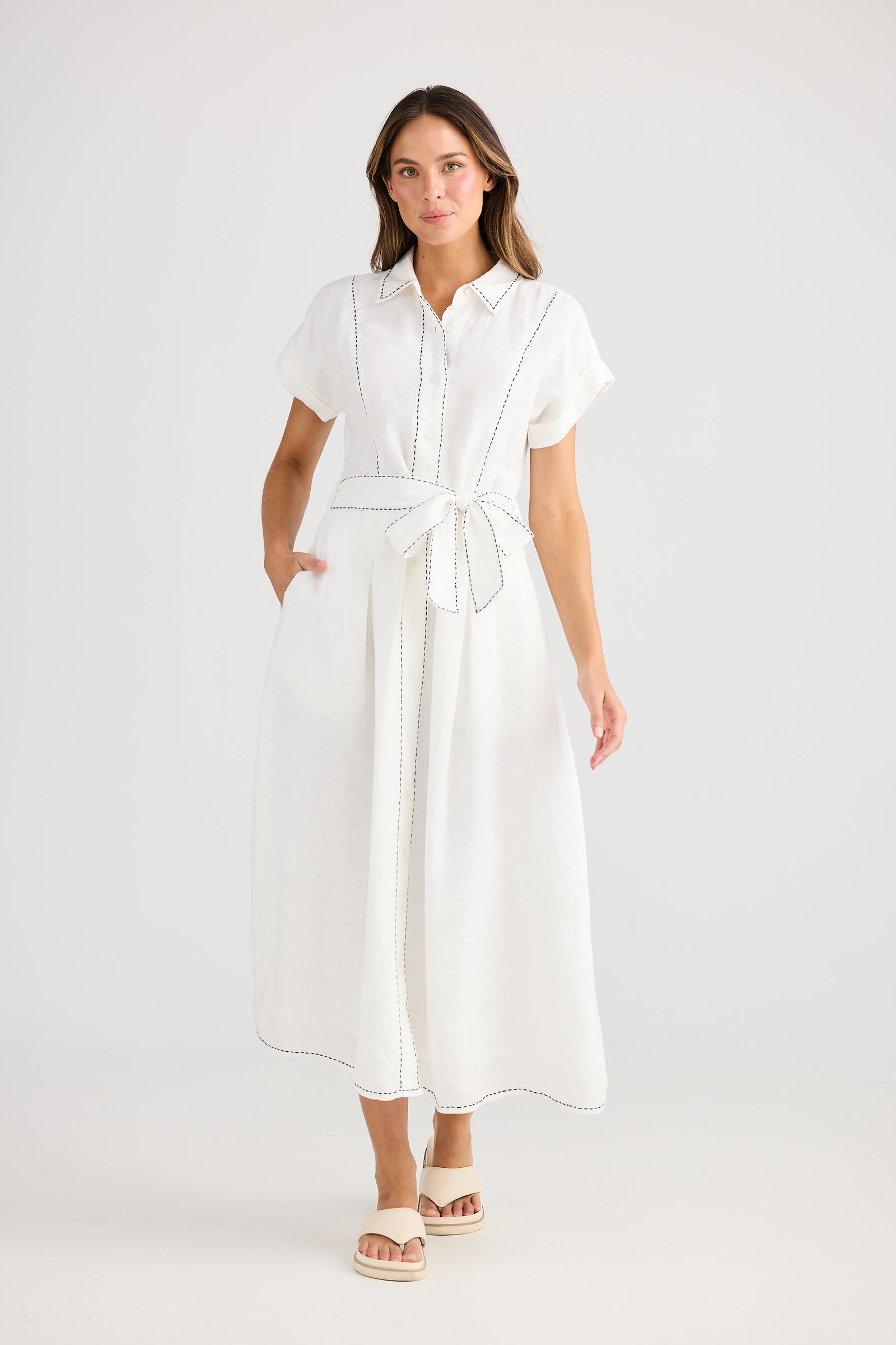Cordella Dress Linen shirt dress fit and flarewhite with navy top stitch Holiday summer work dress 