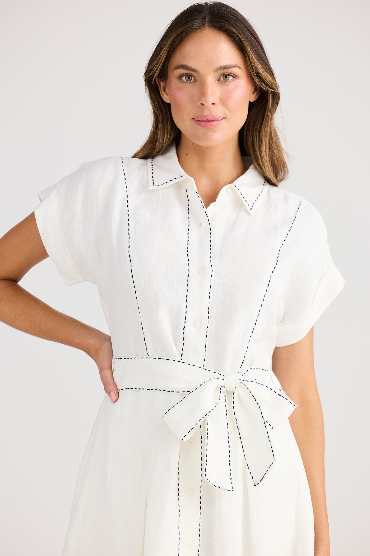 Cordella Dress Linen shirt dress fit and flare navy with white top stitch Holiday summer work dress maxi