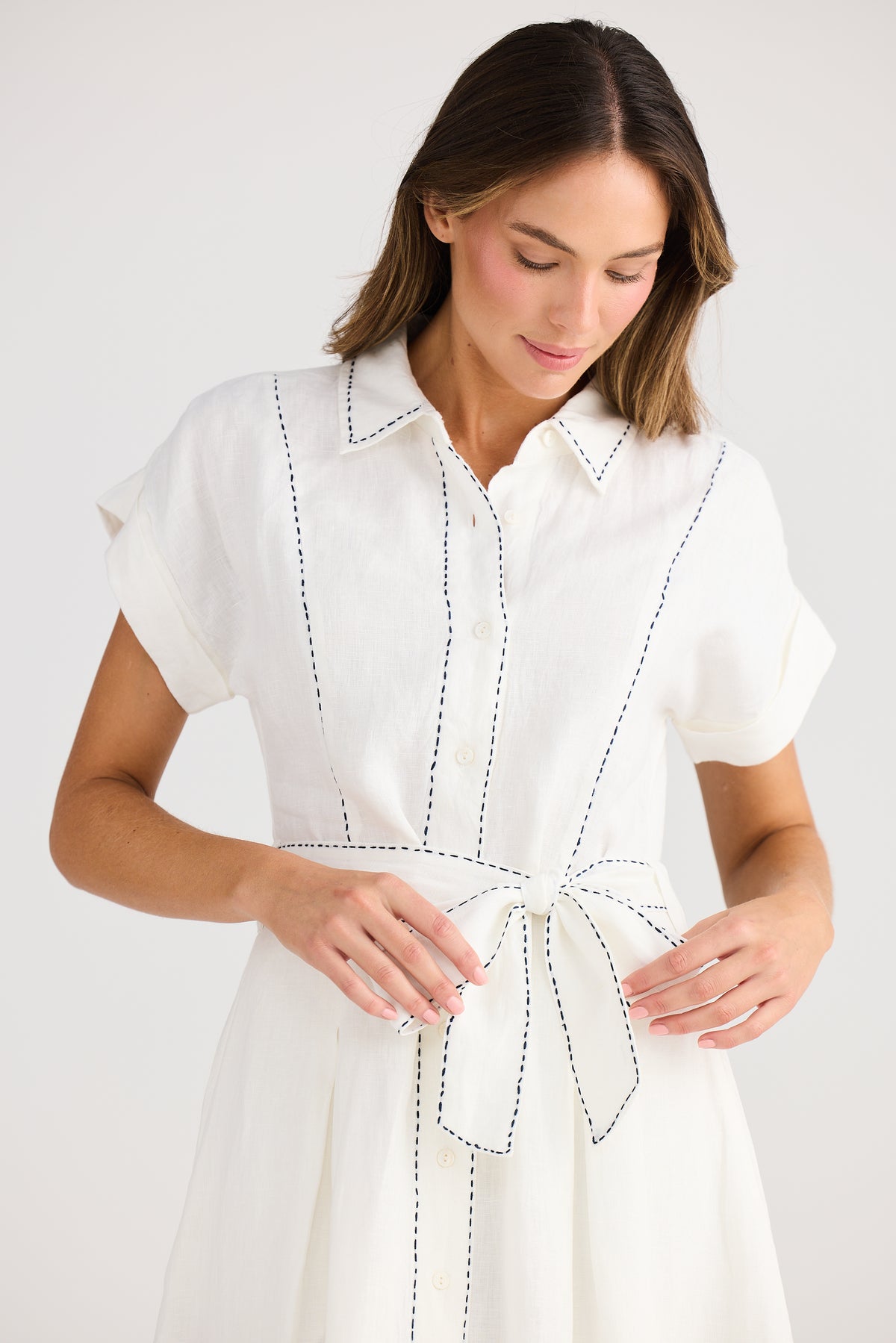 Cordella Dress Linen shirt dress fit and flare white with navy top stitch Holiday summer work dress 