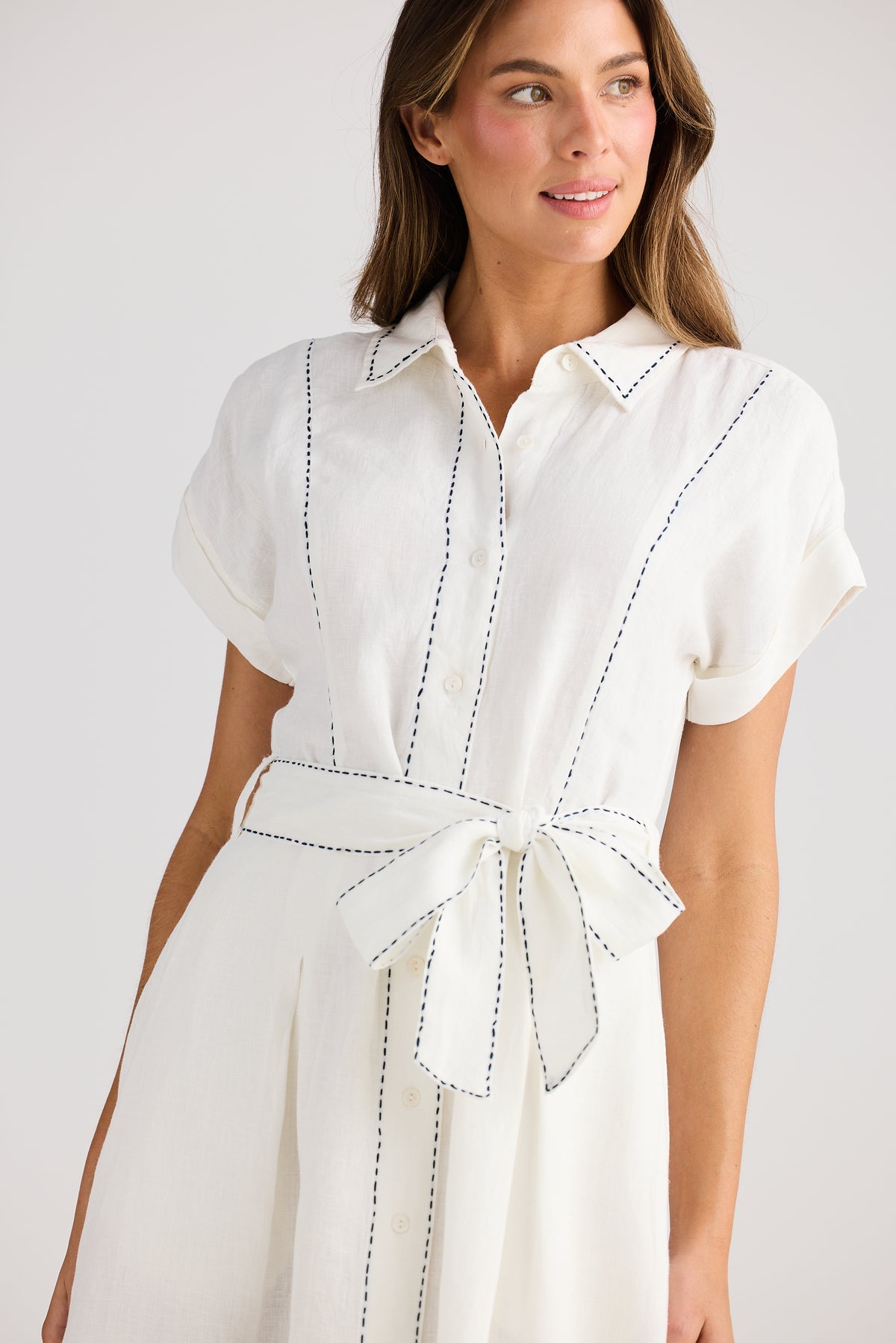 Cordella Dress Linen shirt dress fit and flare white with navy top stitch Holiday summer work dress 