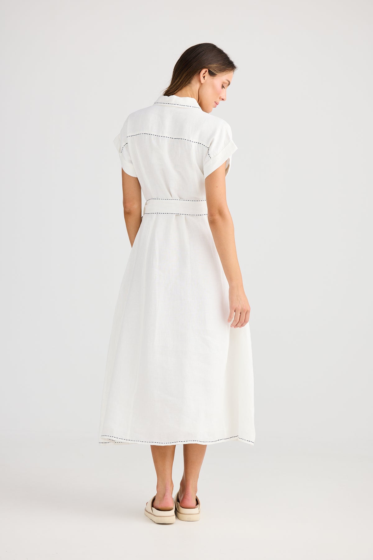 Cordella Dress Linen shirt dress fit and flare white with navy  top stitch Holiday summer work dress 