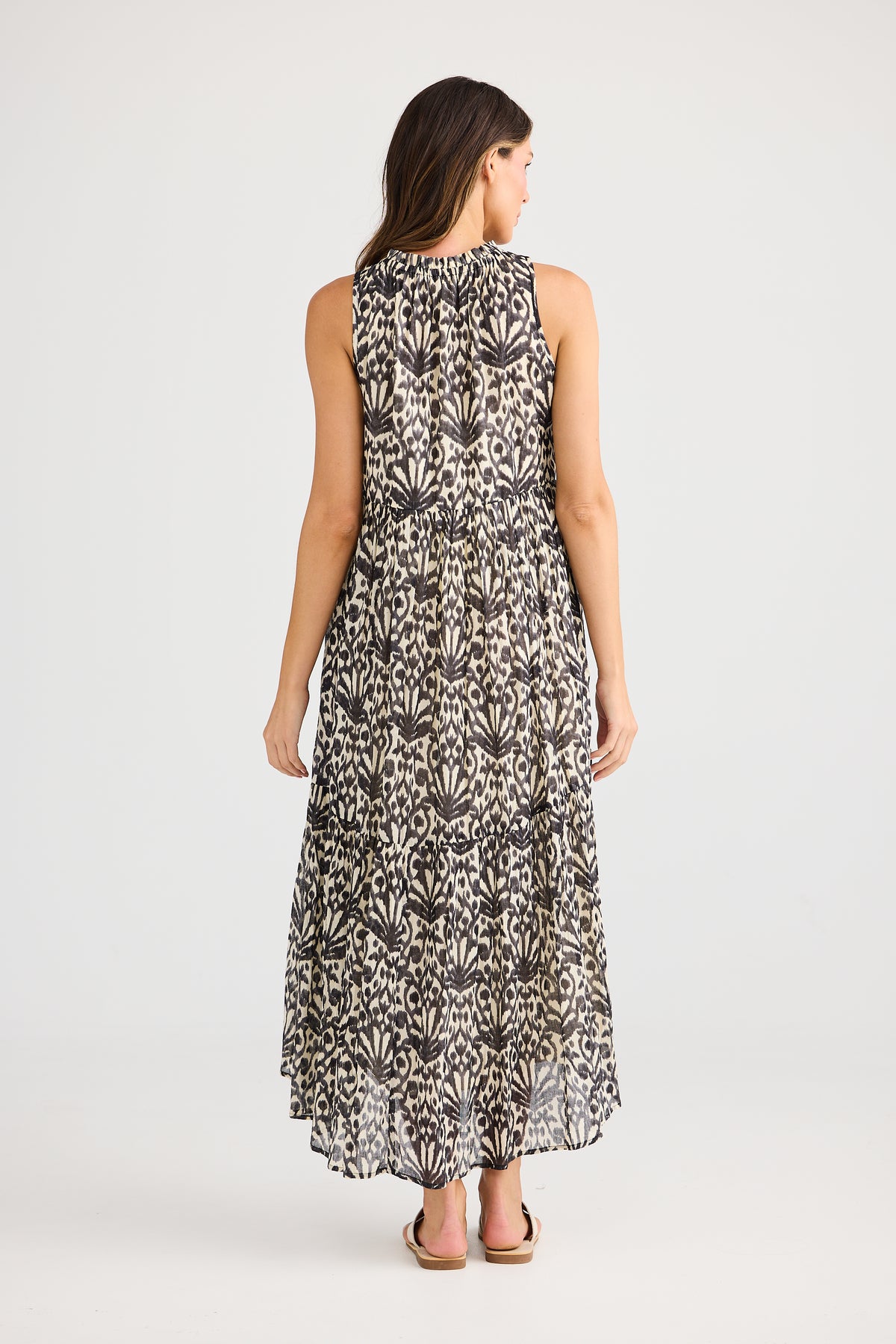 Holiday trading Margot Dress spring fan summer cotton maxi sleeveless black white espresso print 