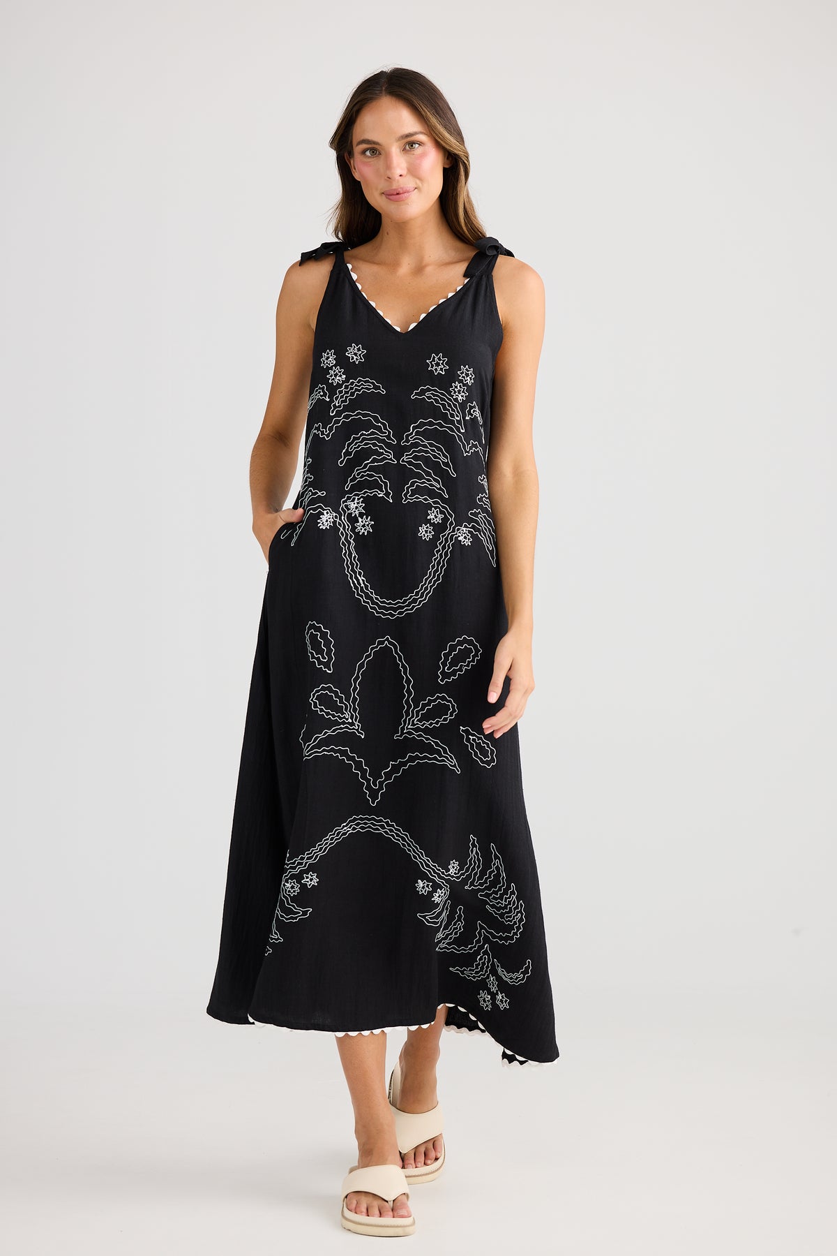 Holiday Trading Deira Dress black with embroidered palm print White Tie shoulders maxi length summer dress 