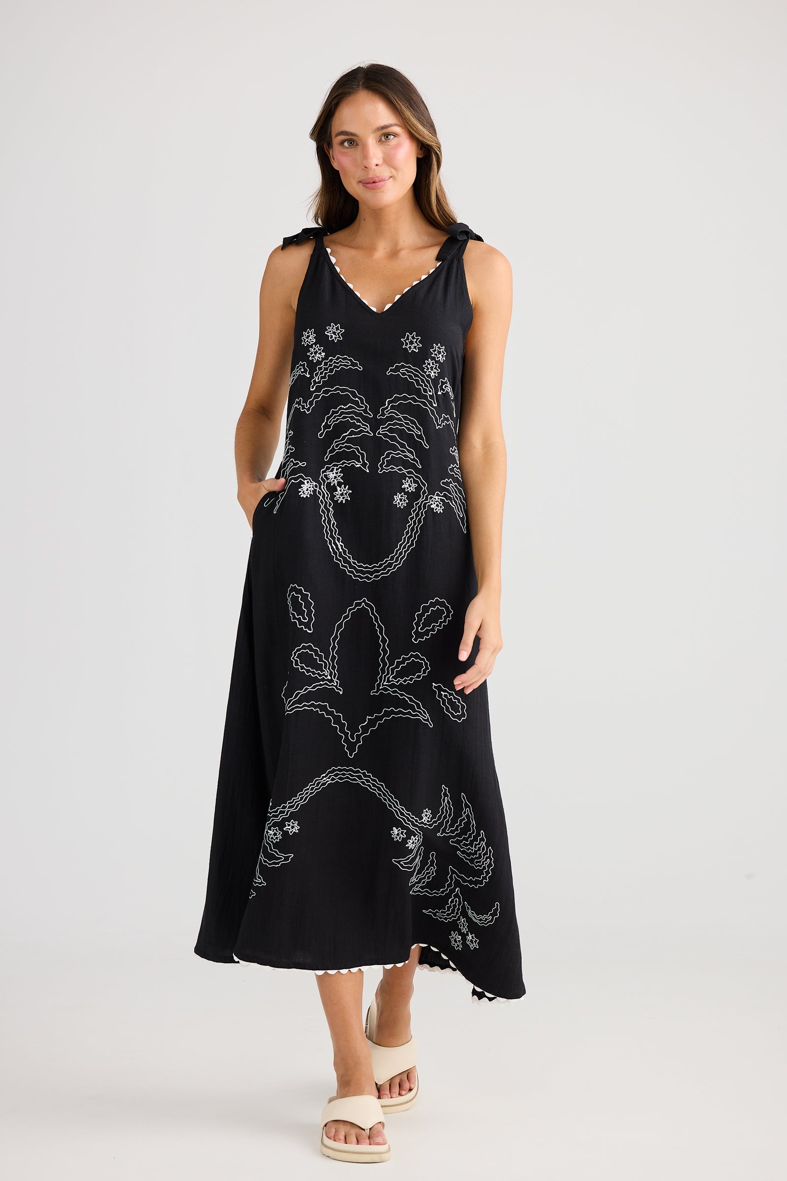 Holiday Trading Deira Dress black with embroidered palm print White Tie shoulders maxi length summer dress 