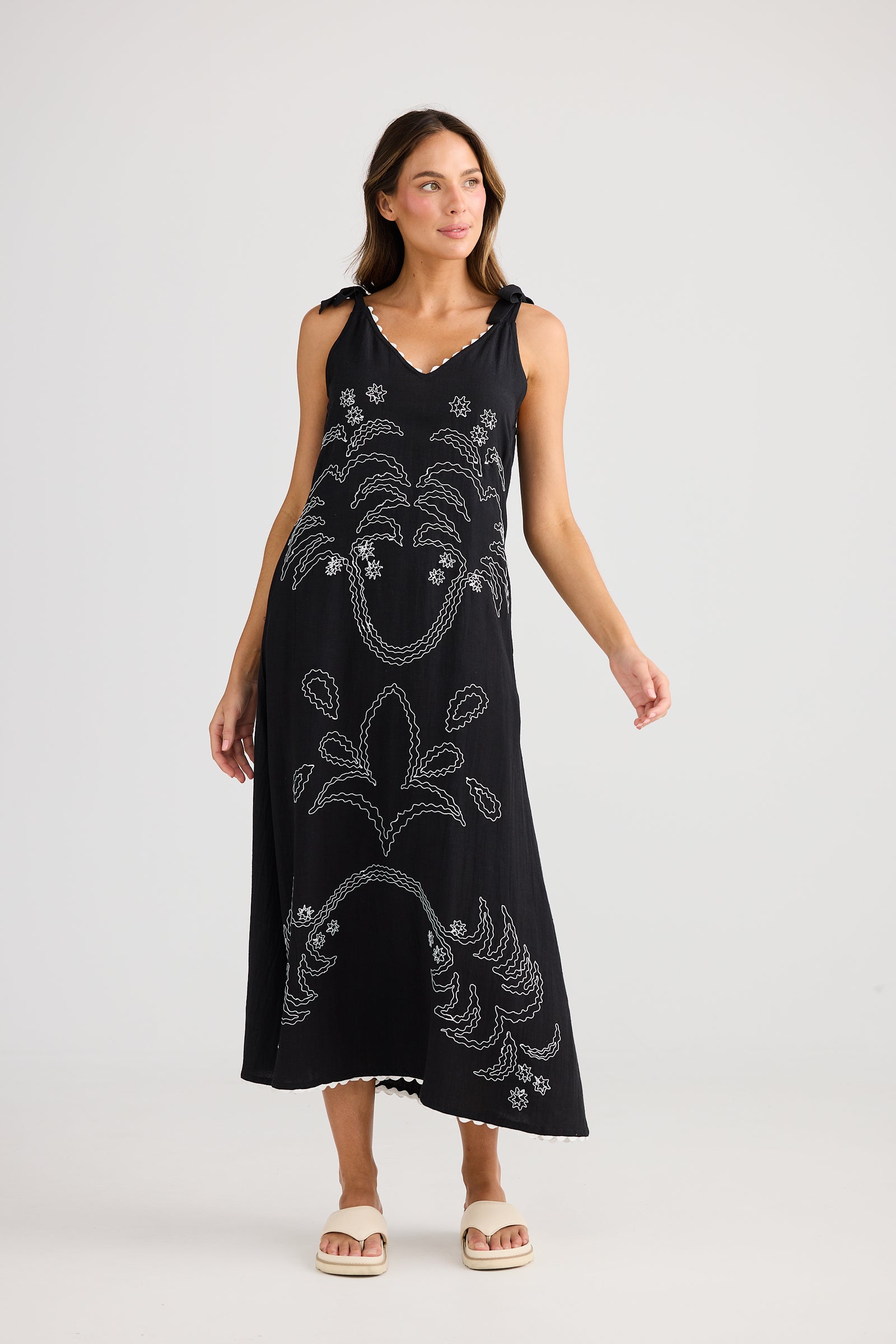 Holiday Trading Deira Dress black with embroidered palm print White Tie shoulders maxi length