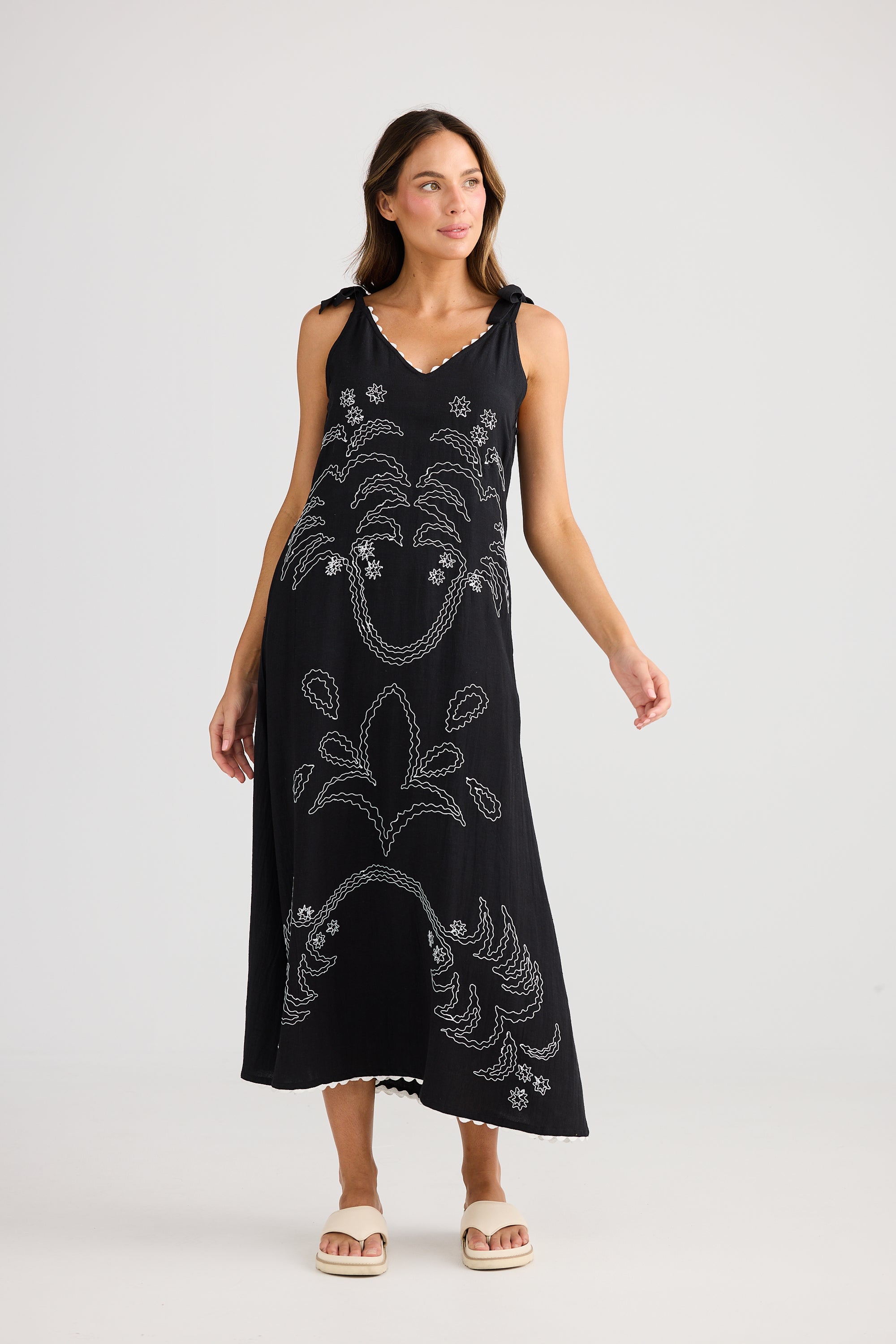 Palms Embroidered Dress - Black Linen