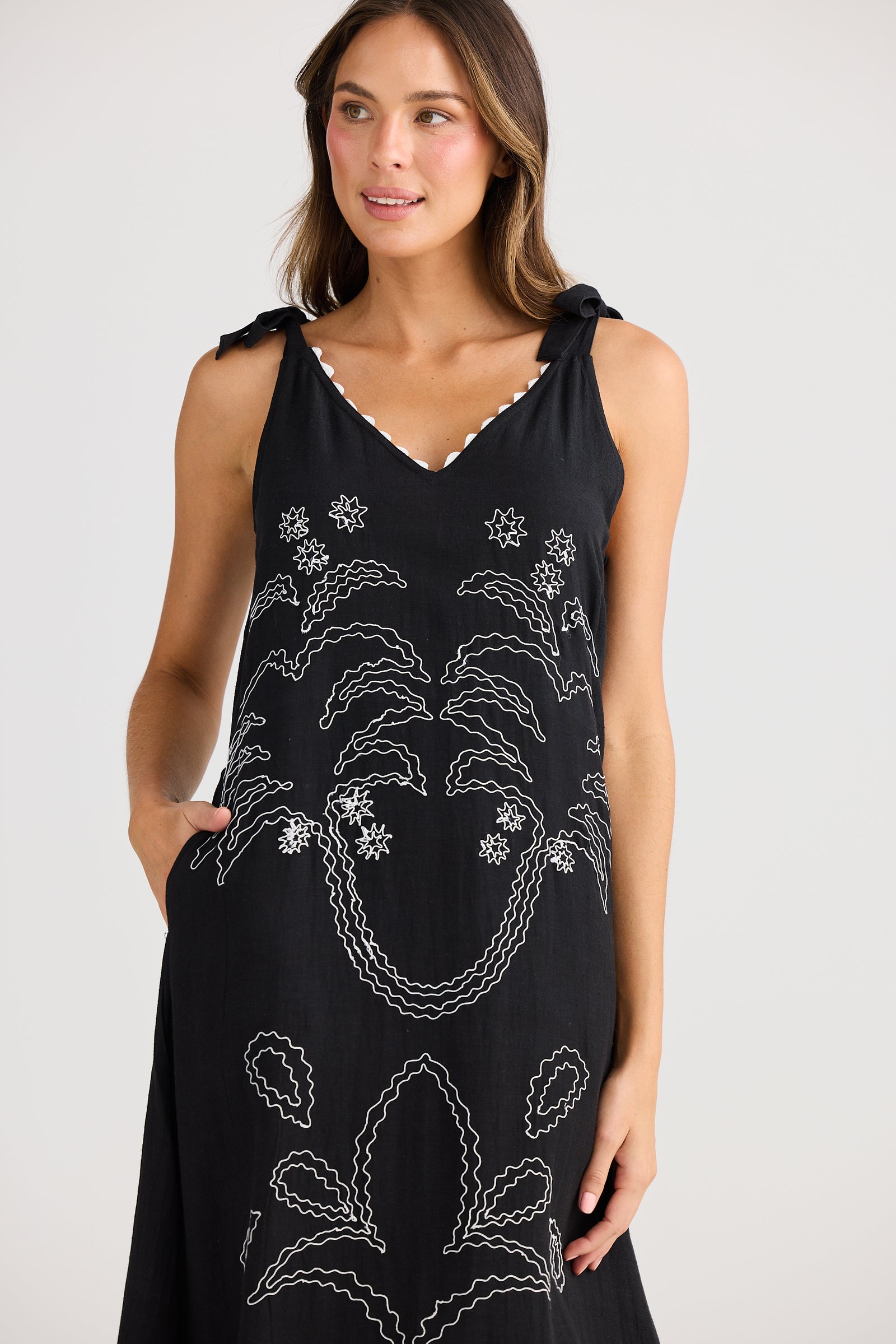 Holiday Trading Deira Dress black with embroidered palm print White Tie shoulders maxi length Summer Dress 