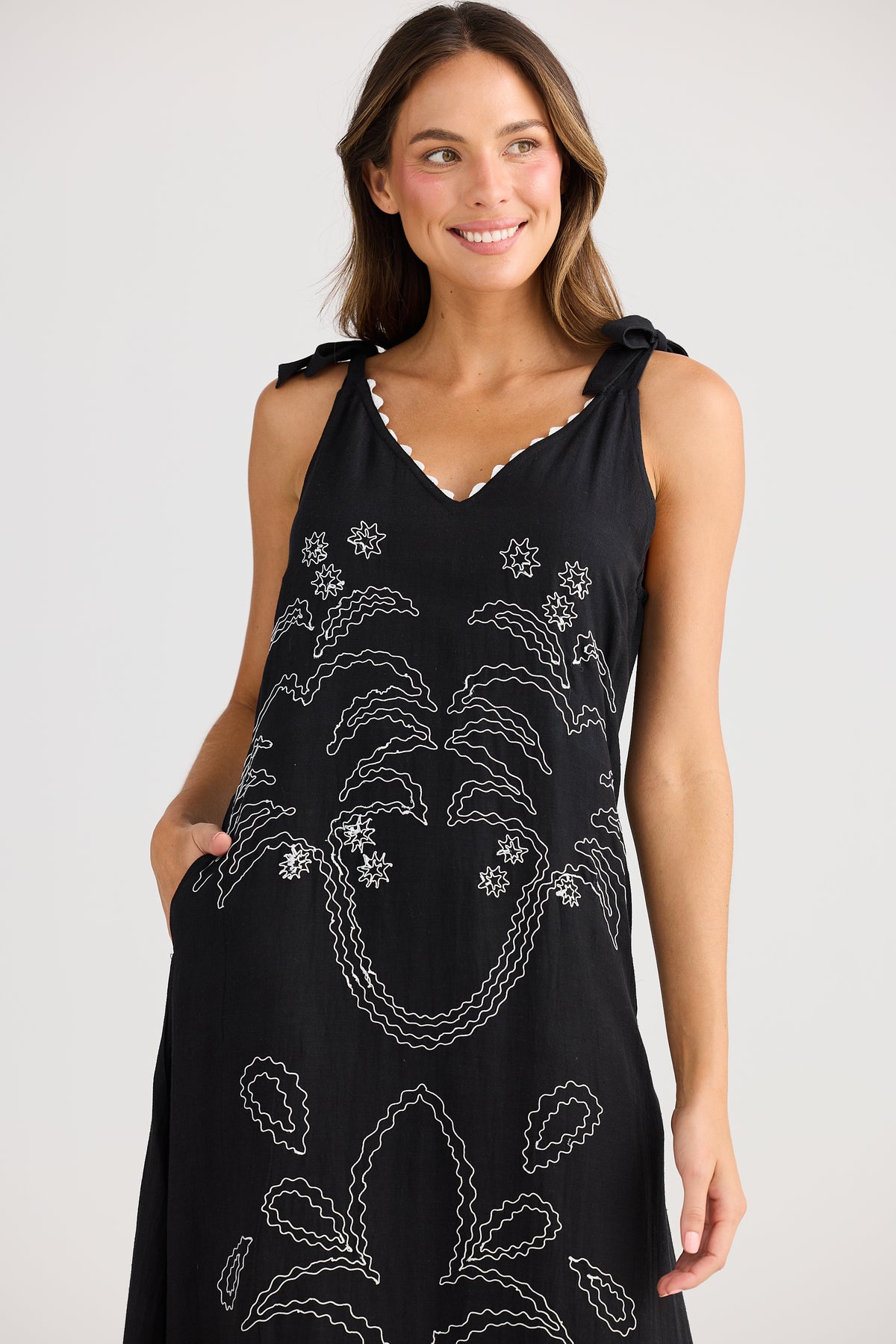 Holiday Trading Deira Dress black with embroidered palm print White Tie shoulders maxi length