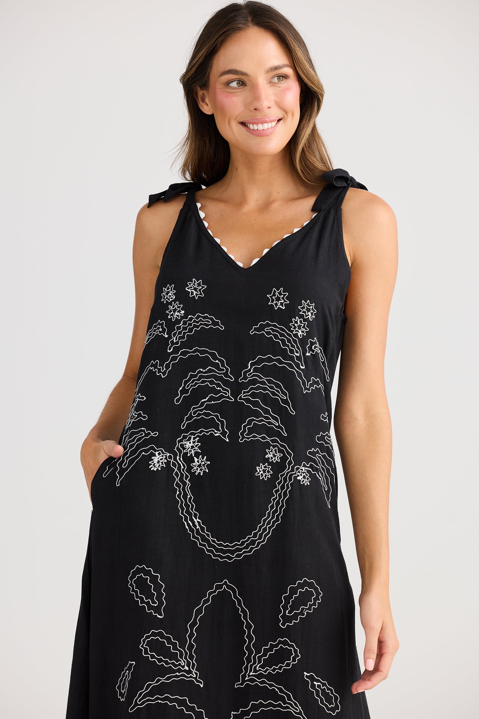 Holiday Trading Deira Dress black with embroidered palm print White Tie shoulders maxi length