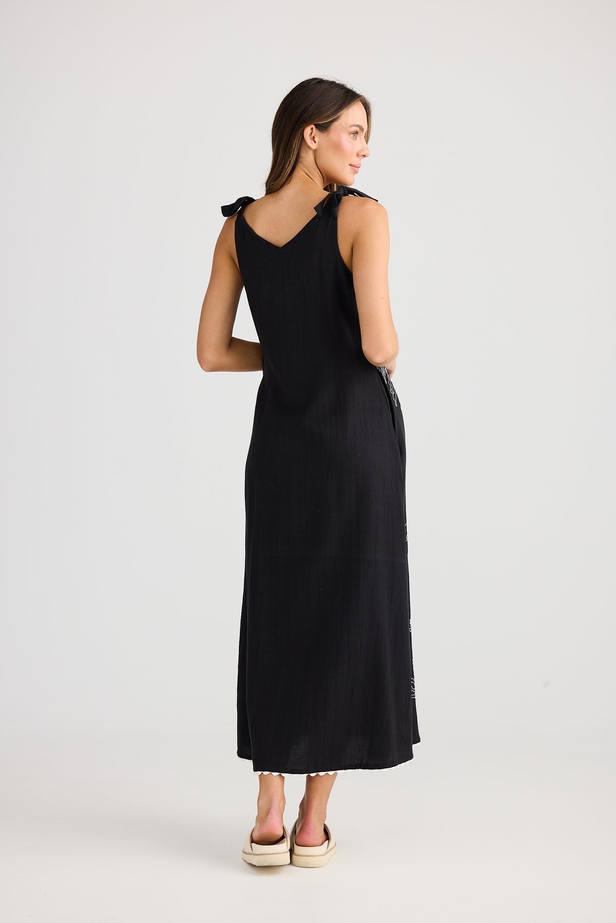 Holiday Trading Deira Dress black with embroidered palm print White Tie shoulders maxi length Summer Dress 