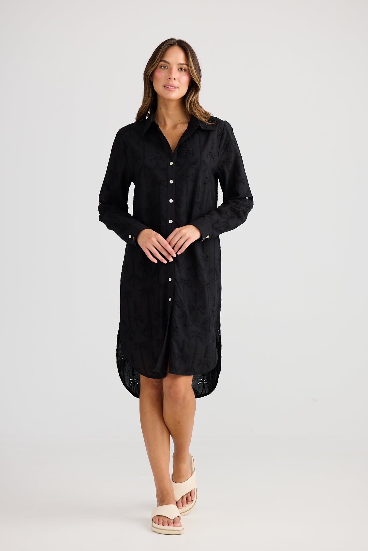 Holiday Trading palm overshirt Dress black with embroidered cut out palms cotton midi length Summer Dress swim cover resort shirt dress 