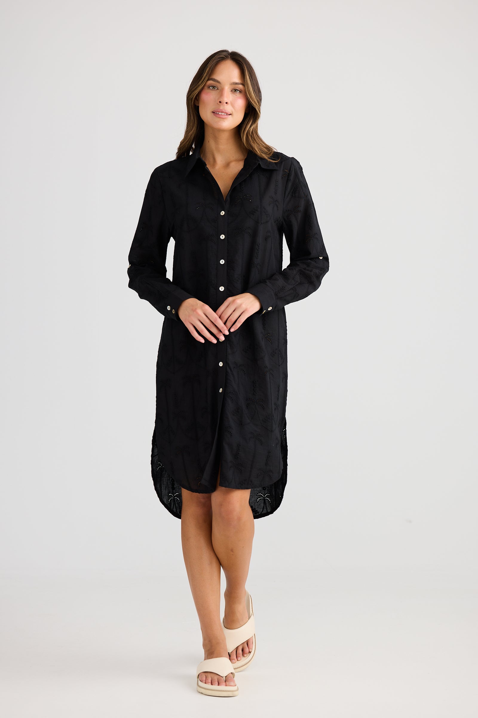 Holiday Trading palm overshirt Dress black with embroidered cut out palms cotton midi length Summer Dress swim cover resort shirt dress 