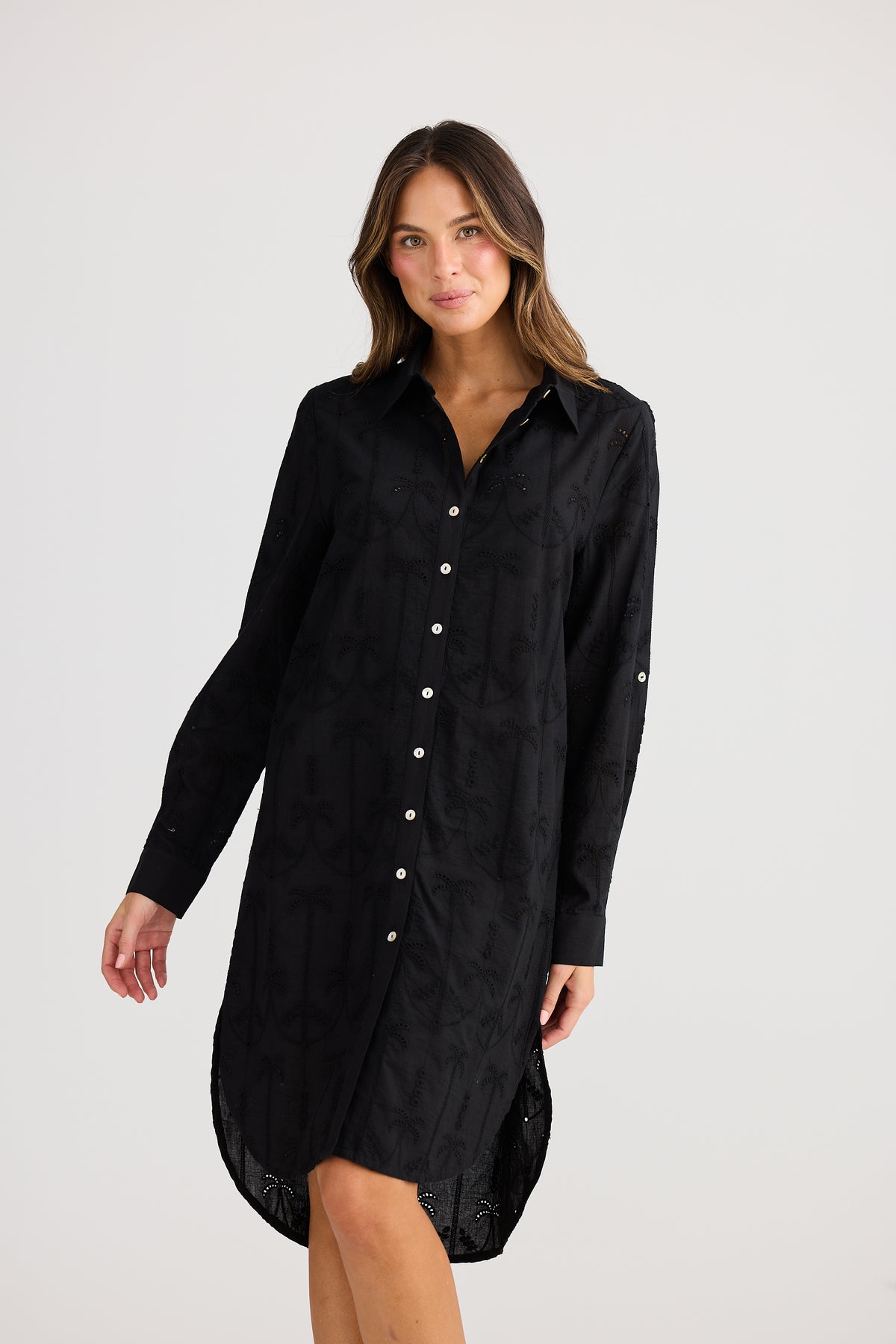 Holiday Trading palm overshirt Dress black with embroidered cut out palms cotton midi length Summer Dress swim cover resort shirt dress 