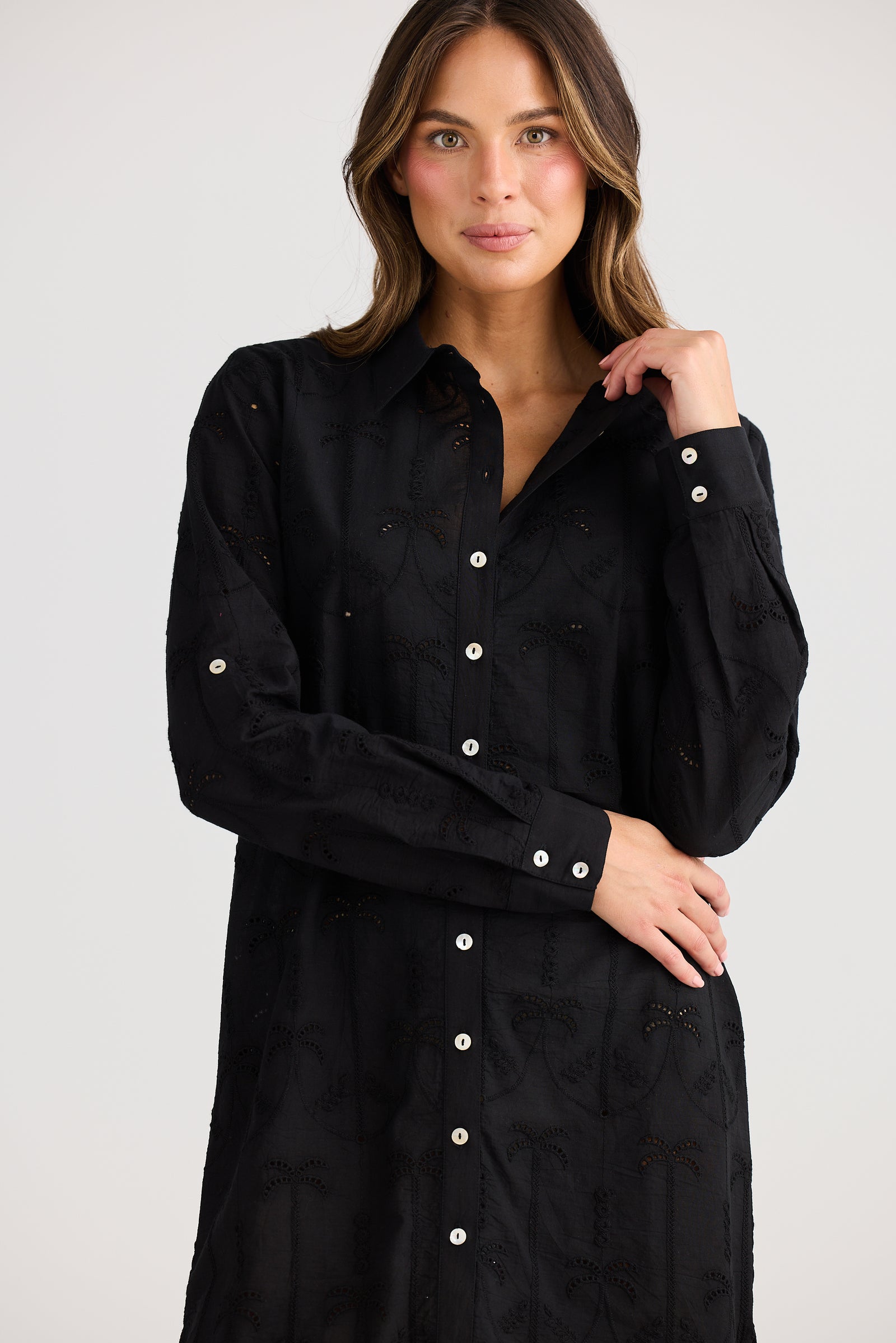 Holiday Trading palm overshirt Dress black with embroidered cut out palms cotton midi length Summer Dress swim cover resort shirt dress 