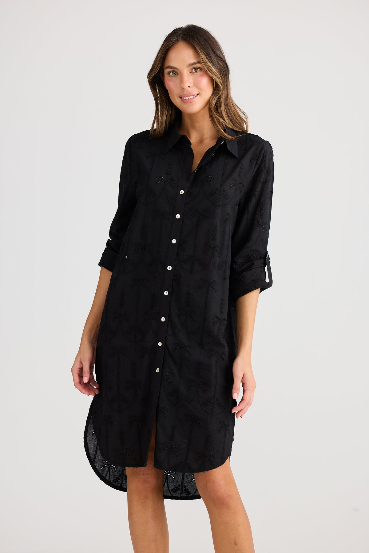 Holiday Trading palm overshirt Dress black with embroidered cut out palms cotton midi length Summer Dress swim cover resort shirt dress 