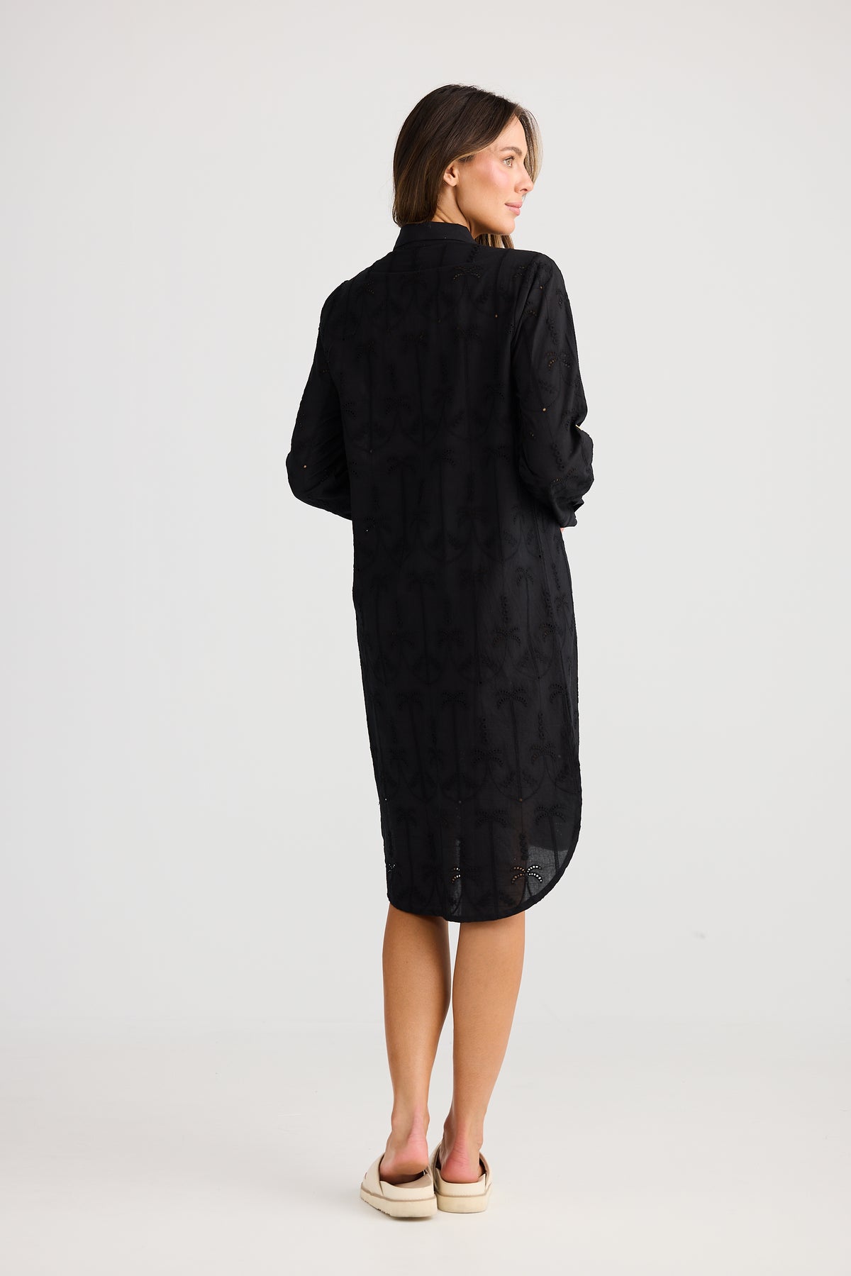 Holiday Trading palm overshirt Dress black with embroidered cut out palms cotton midi length Summer Dress swim cover resort shirt dress 