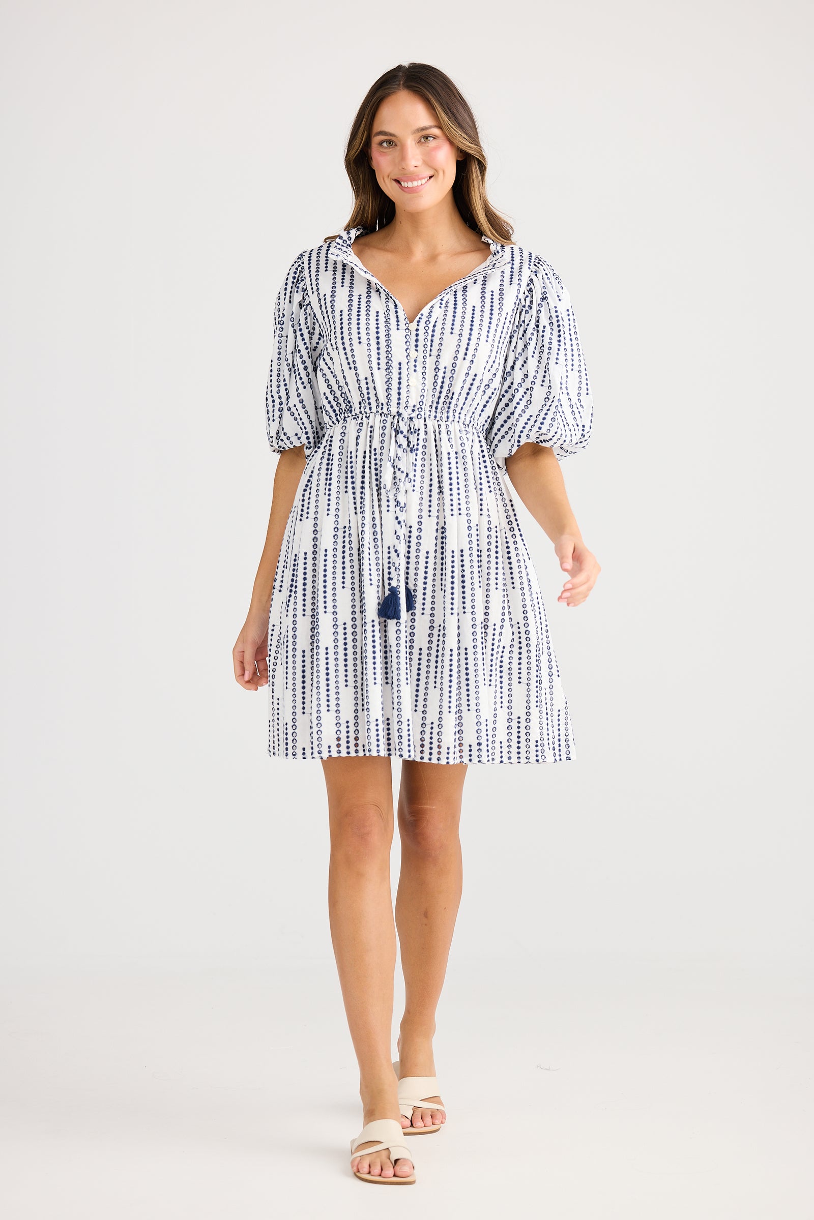 Holiday Trading Island Time Sress Sea bubble navy embroidery polka dot cotton shirt dress knee length with waist tie and sleeve 