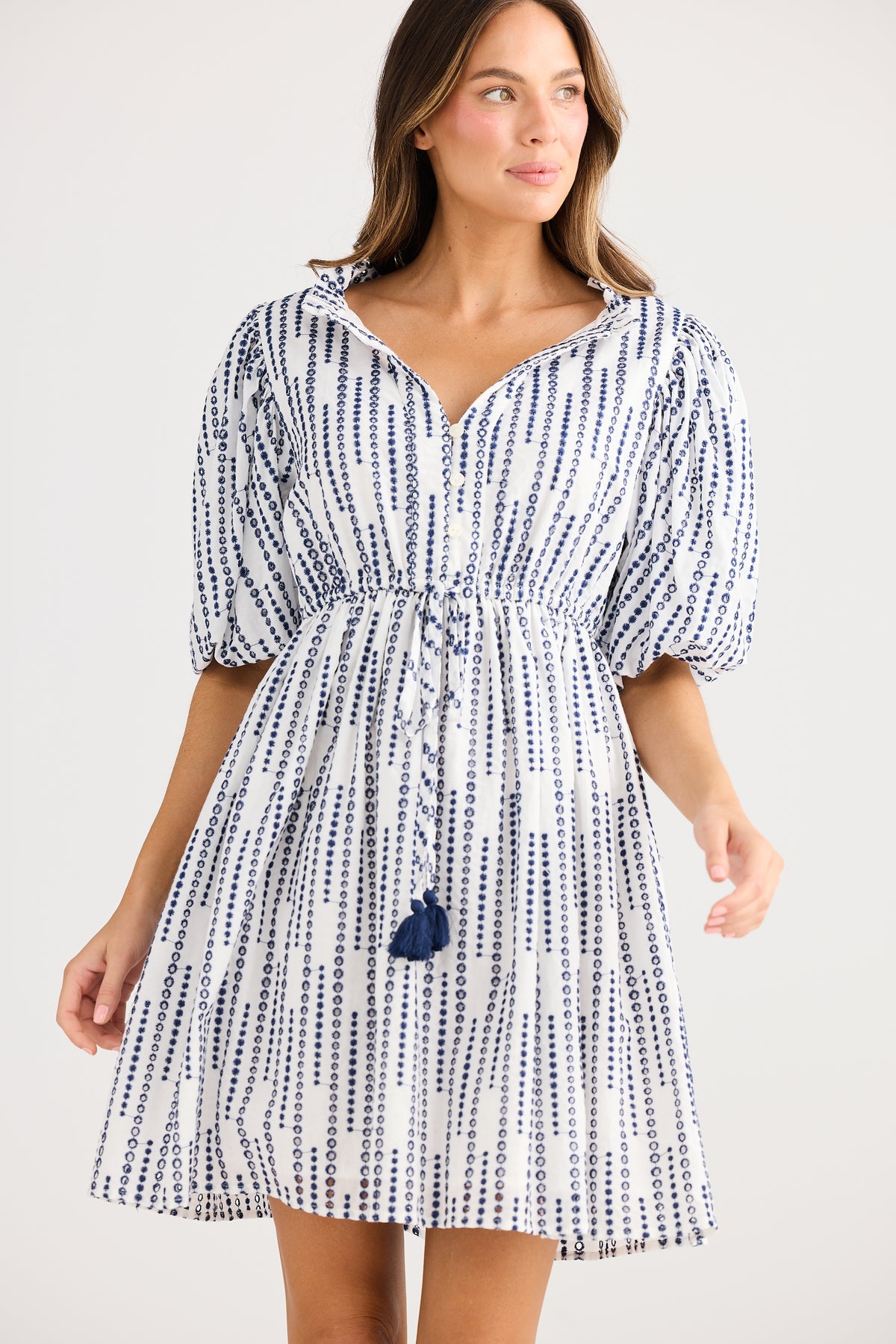 Holiday Trading Island Time Sress Sea bubble navy embroidery polka dot cotton shirt dress knee length with waist tie and sleeve 