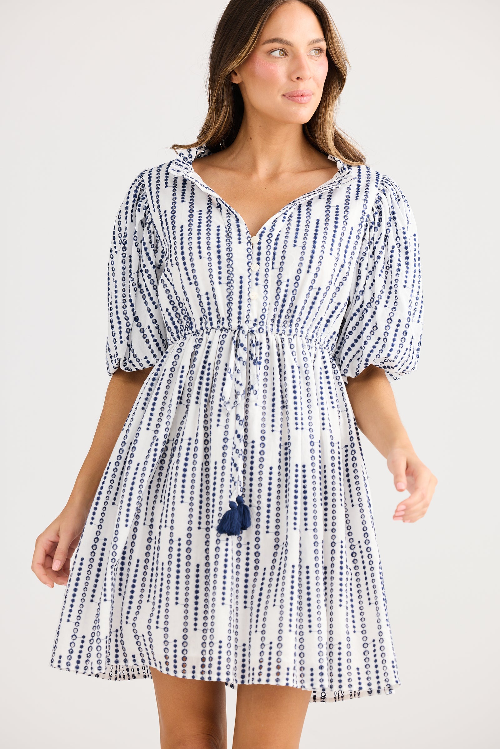 Holiday Trading Island Time Sress Sea bubble navy embroidery polka dot cotton shirt dress knee length with waist tie and sleeve 