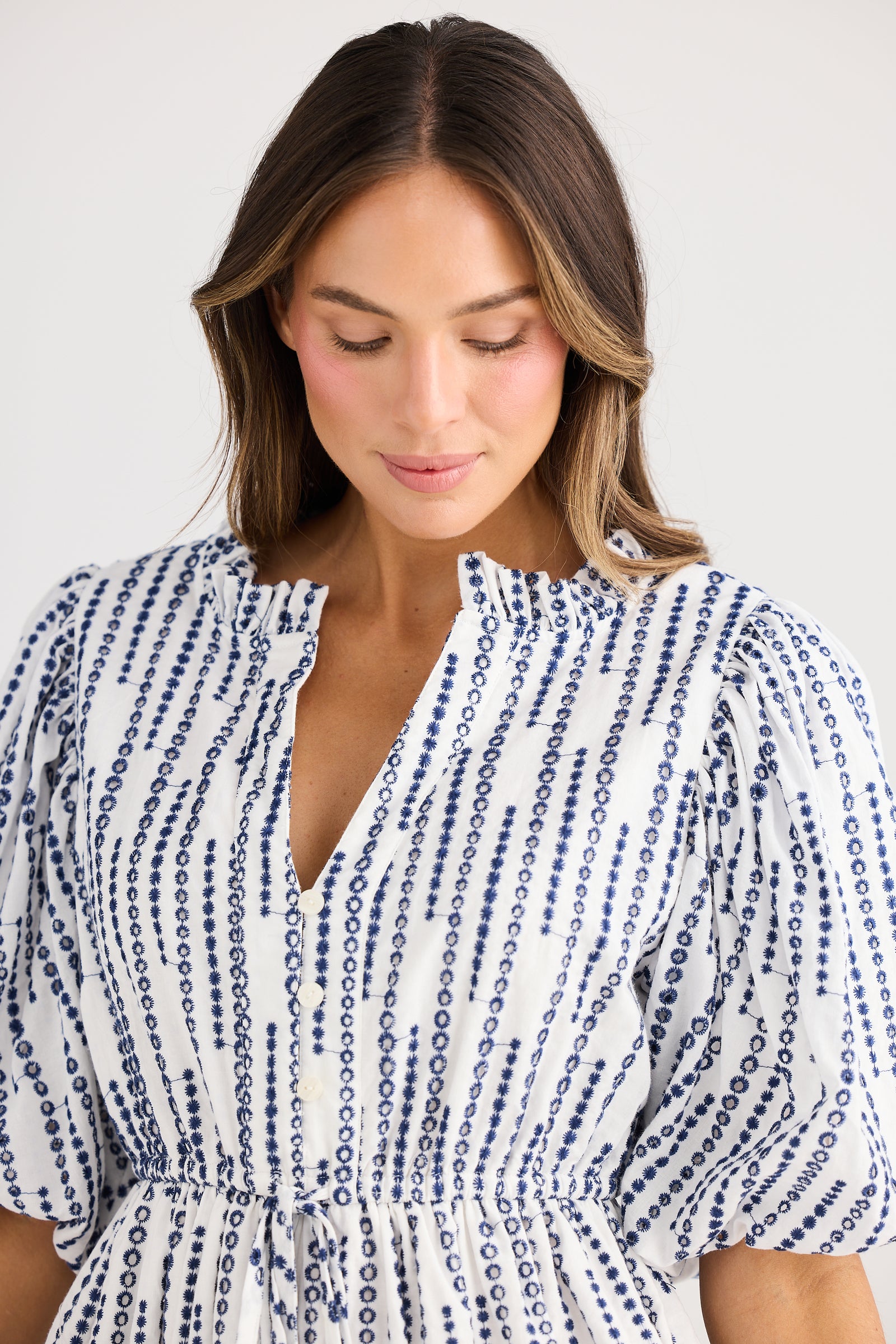 Holiday Trading Island Time Sress Sea bubble navy embroidery polka dot cotton shirt dress knee length with waist tie and sleeve 