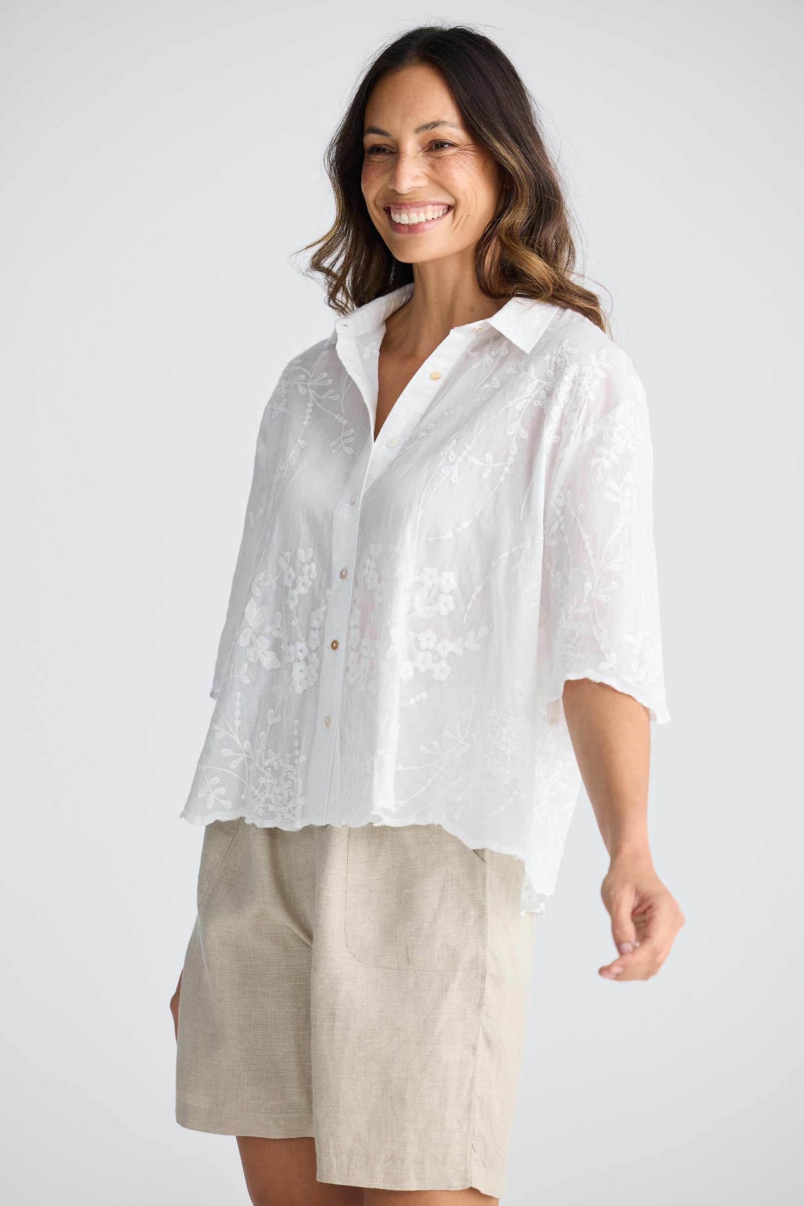 Offredo Shirt - White Cotton Embroidered