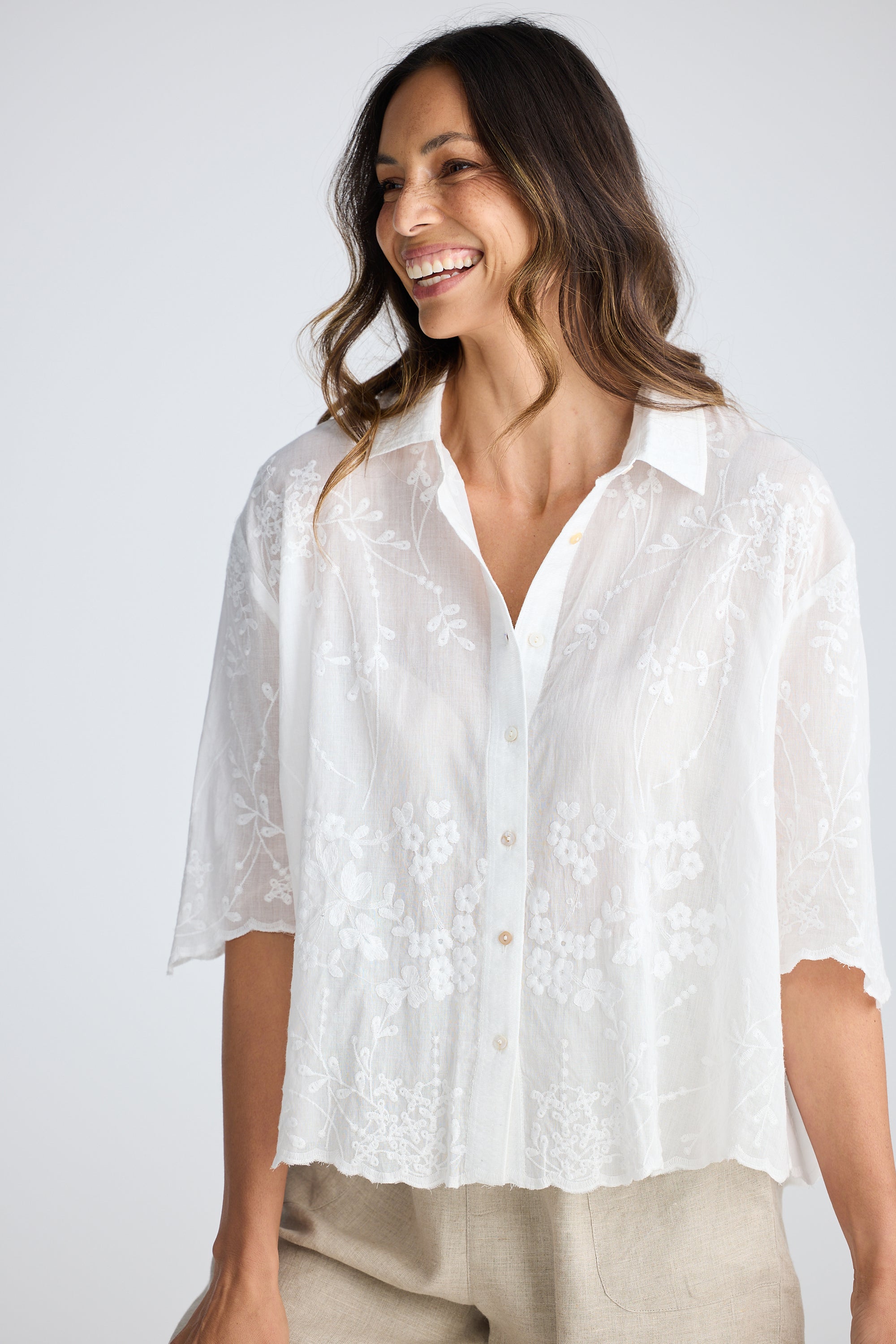 Offredo Shirt - White Cotton Embroidered