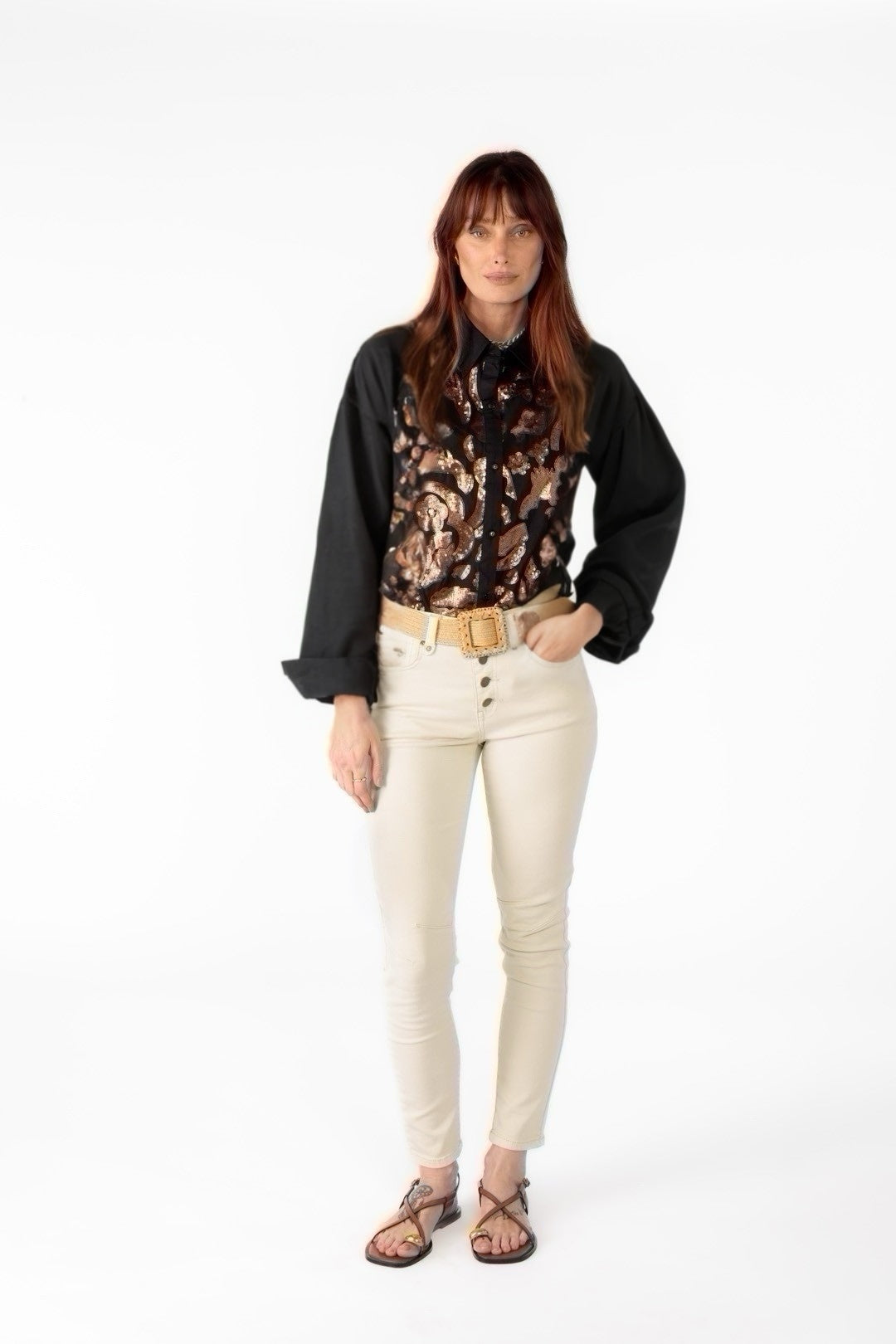 RubyYAYA Jules cotton shirt black with rose gold sequins Evening rock country