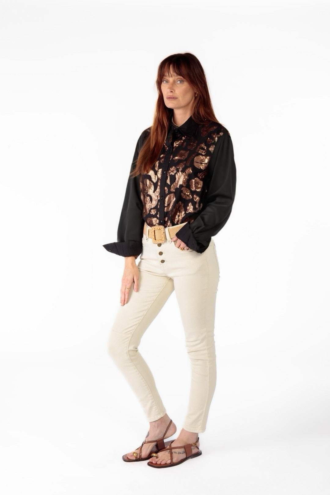 RubyYAYA Jules cotton shirt black with rose gold sequins Evening rock country