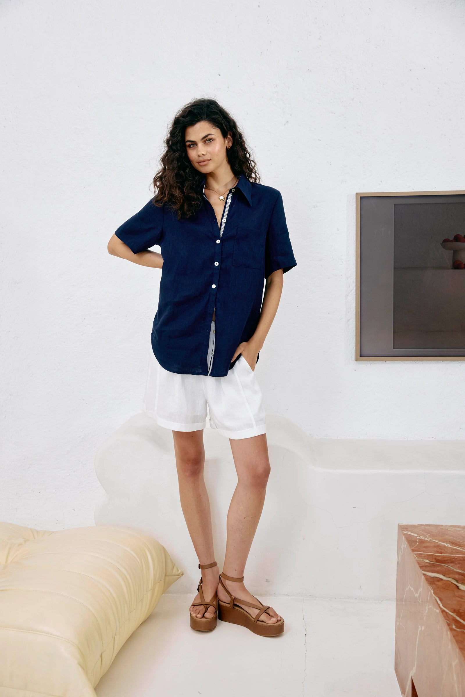 Studio Linen Short Shirt - Indigo